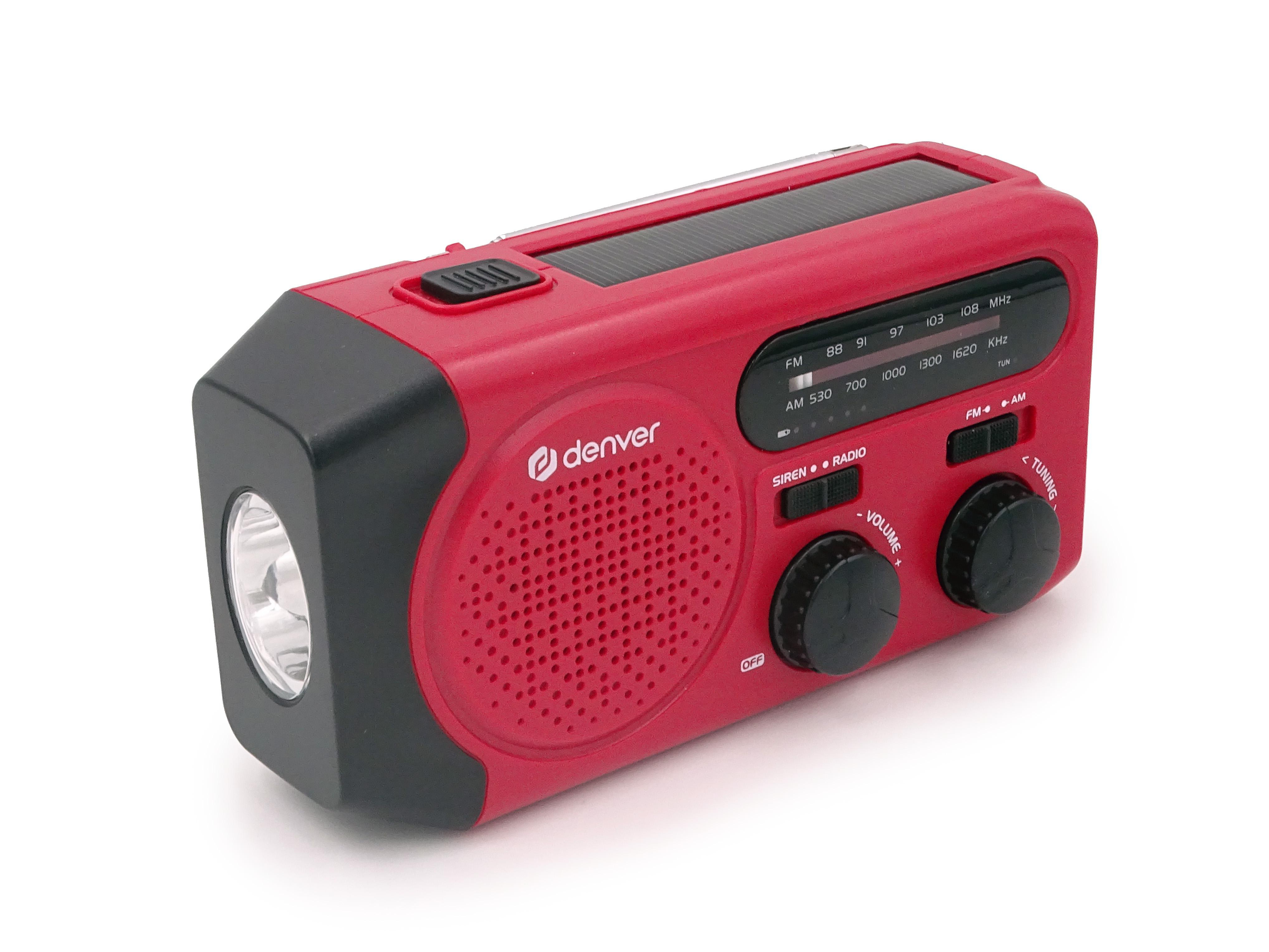 Ein rot-schwarzes Radio mit einer Taschenlampe. Es hat ein Solarpanel und Drehknöpfe. Die Marke ist Denver.