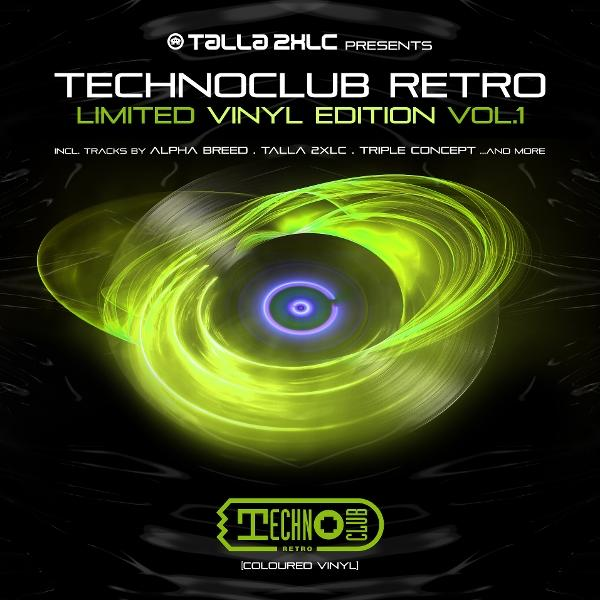 Technoclub Retro Vinyl Design mit neongrünen Schallplatten mit lila Zentrum auf schwarzem Hintergrund. Textelemente sind vorhanden.
