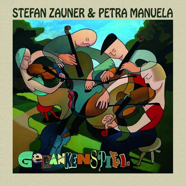 Illustration von drei Musikern, die Streichinstrumente spielen. Der Titel lautet 'Stefan Zauner & Petra Manuela' und der Text 'Gedankenspiel'.