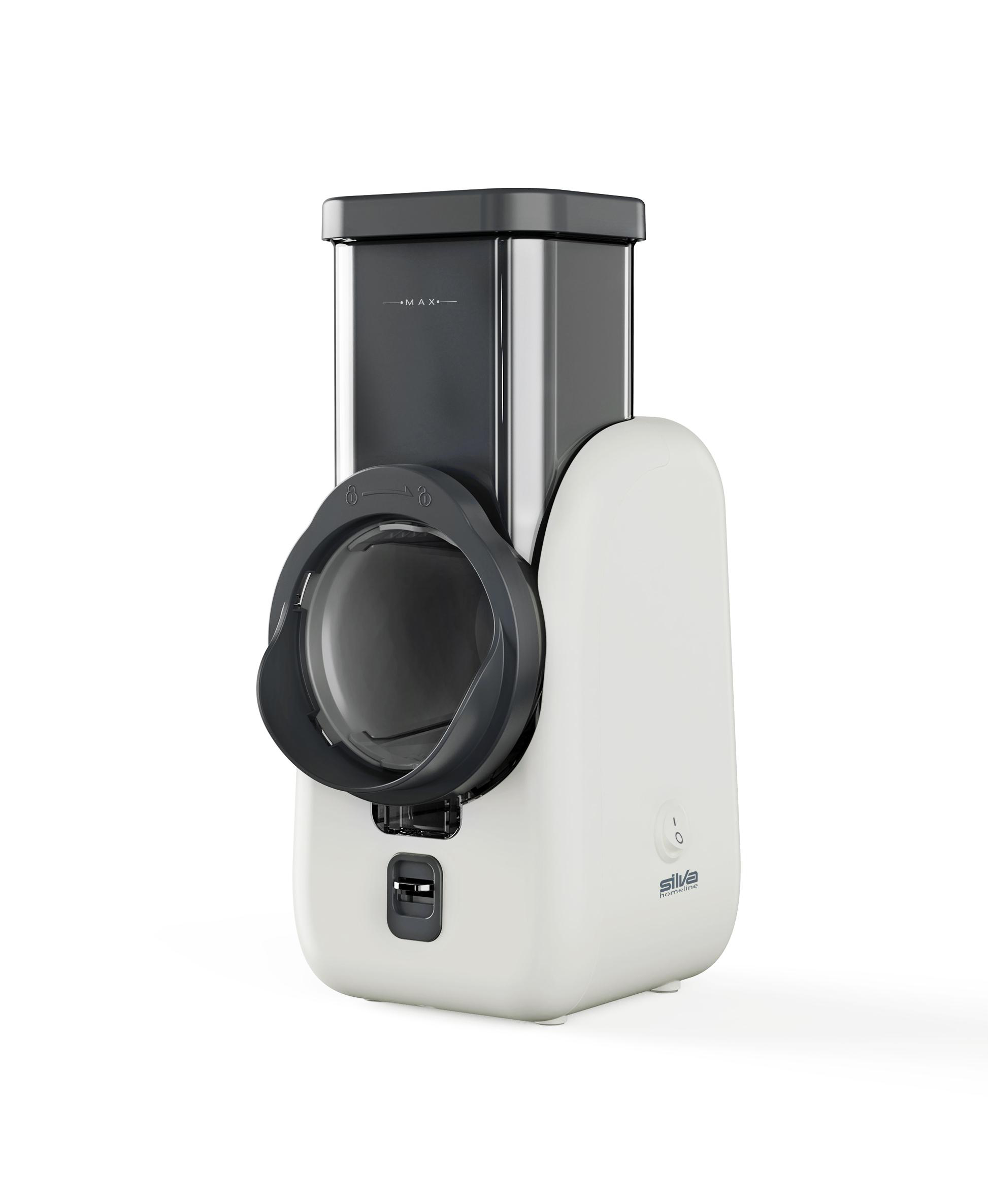 Ein weißer und grauer Foodprocessor. Er hat eine zylindrische Oberseite mit einer 'MAX'-Linie. Die Vorderseite hat eine Öffnung.