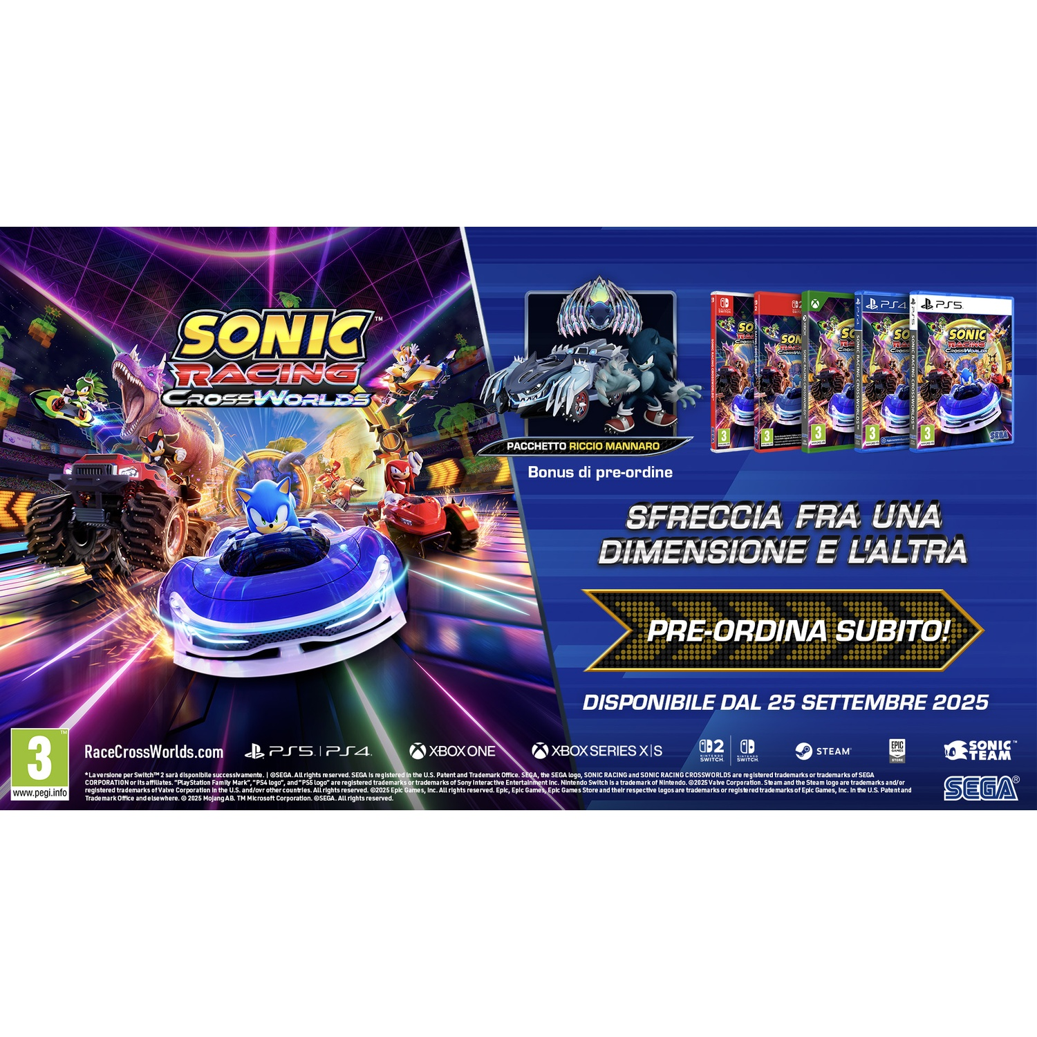 Grafica della confezione di Sonic Racing CrossWorlds, con Sonic in un'auto da corsa blu. Include loghi e data di rilascio.