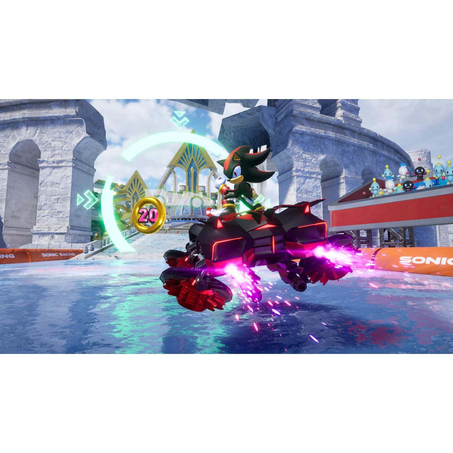 Shadow the Hedgehog su un veicolo nero, che corre su una pista. Un anello con 20 e altri personaggi sullo sfondo.