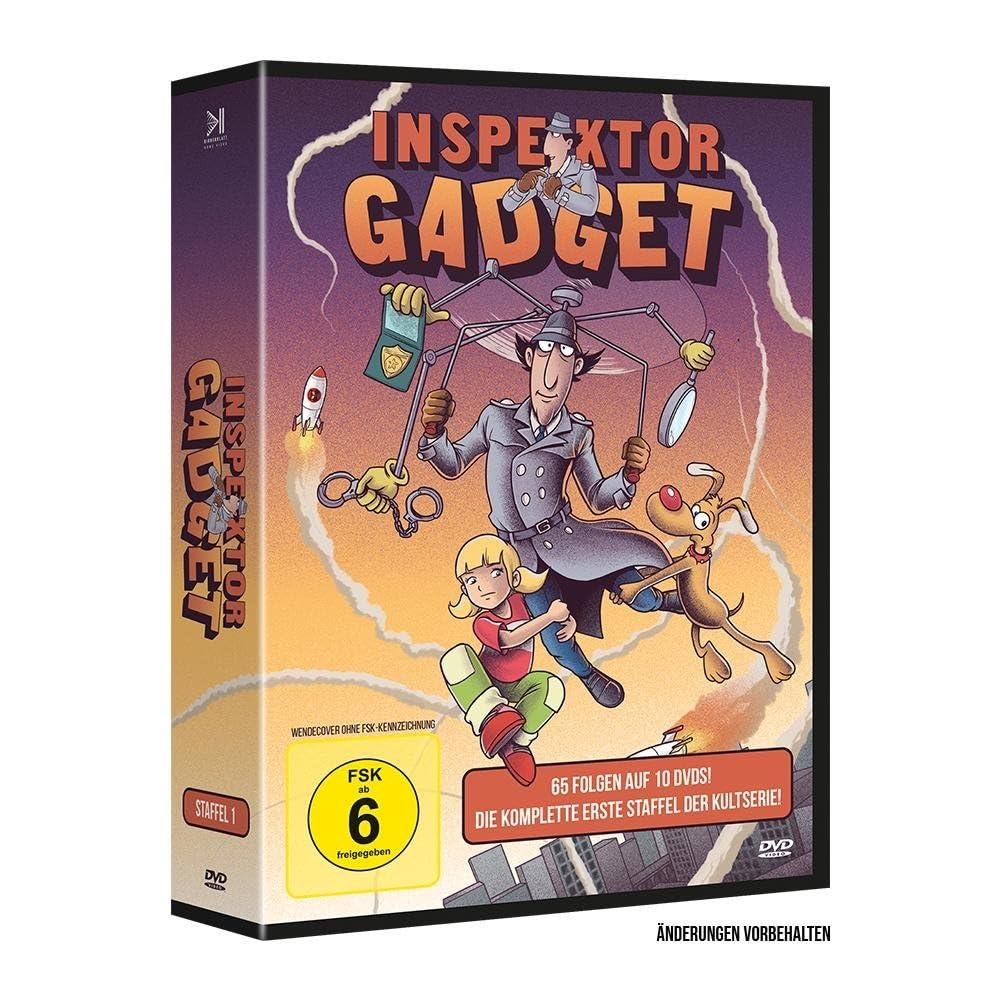 DVD-Hülle von Inspector Gadget-Cartoon. Mit Inspector Gadget, Penny, Brain und einer Rakete. Text enthält "Gadget" und "FSK ab 6".
