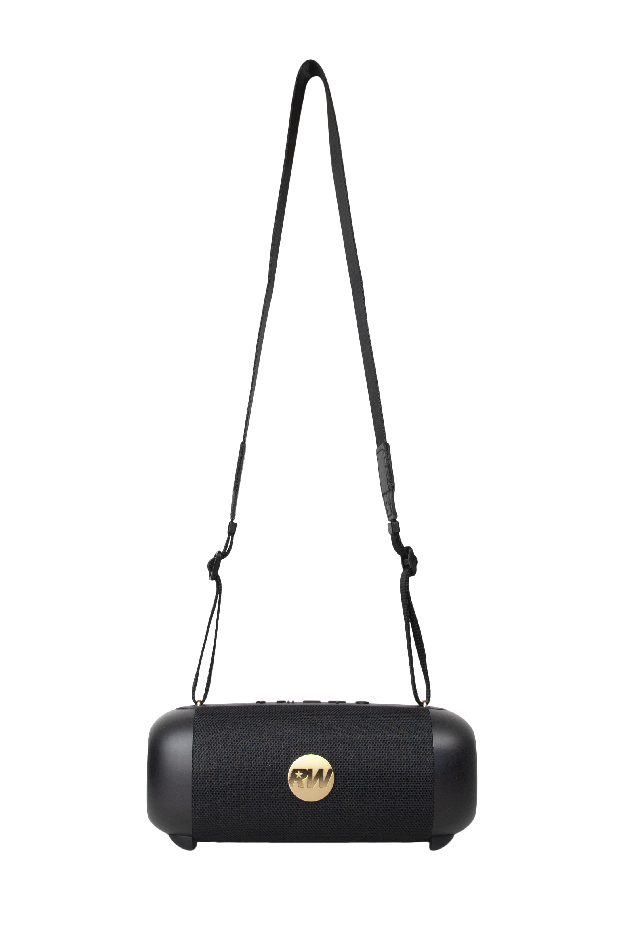 Czarny głośnik ze złotym logo, zawieszony na czarnym pasku na czarnym tle.