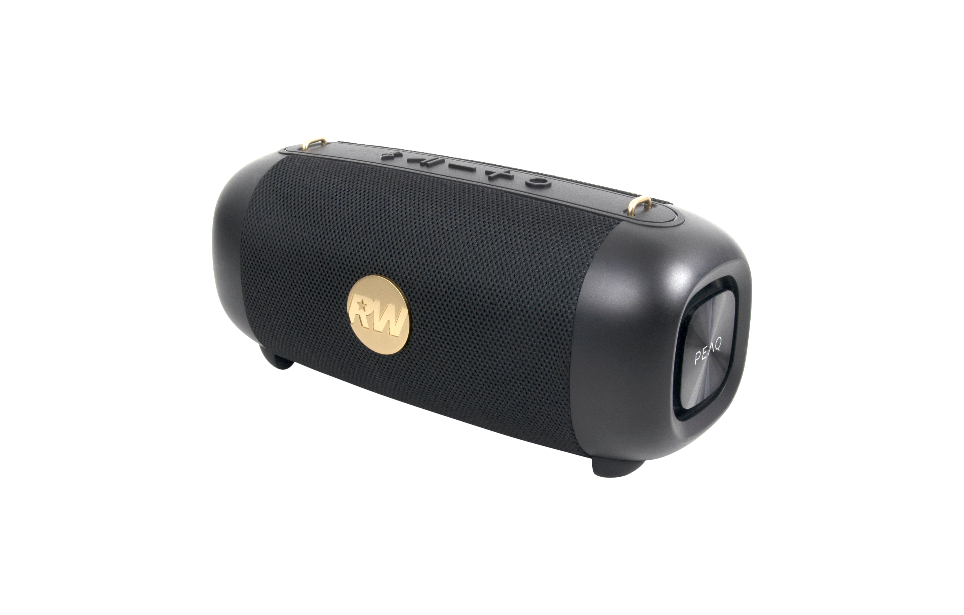 Czarny, cylindryczny głośnik ze złotymi akcentami i przyciskami. Tło jest czarne.