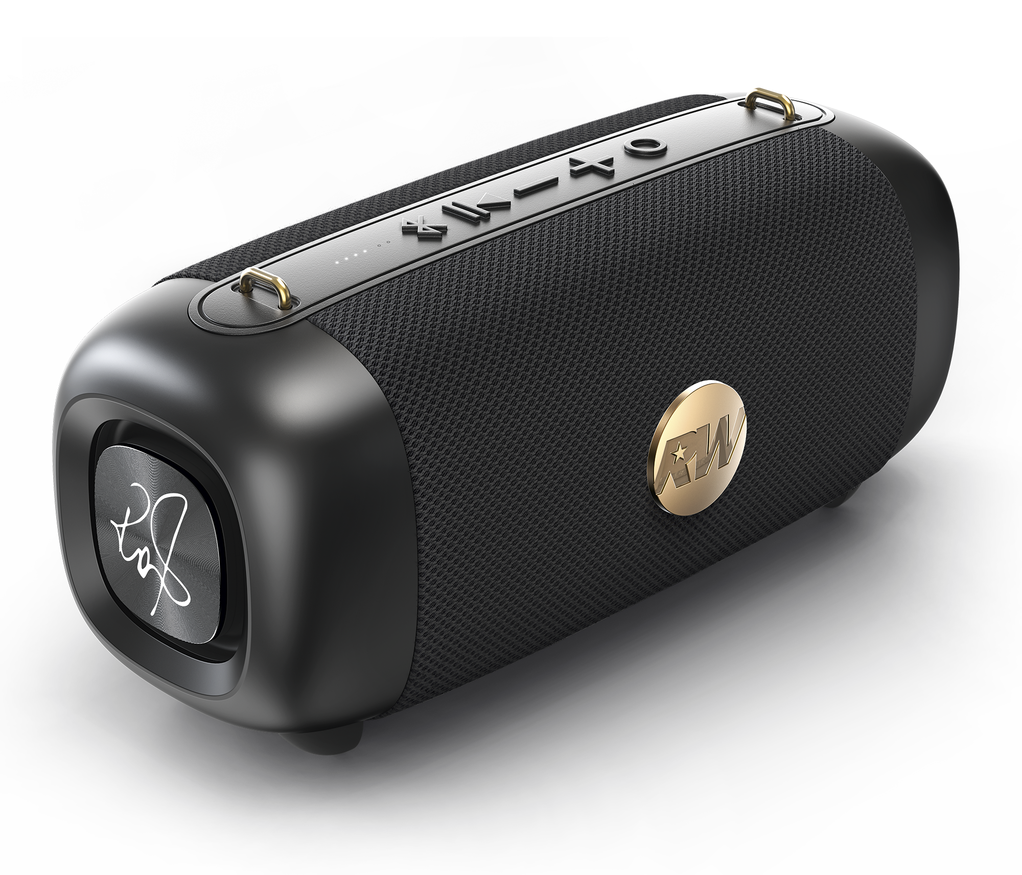Czarny głośnik ze złotymi akcentami i przyciskami sterowania.