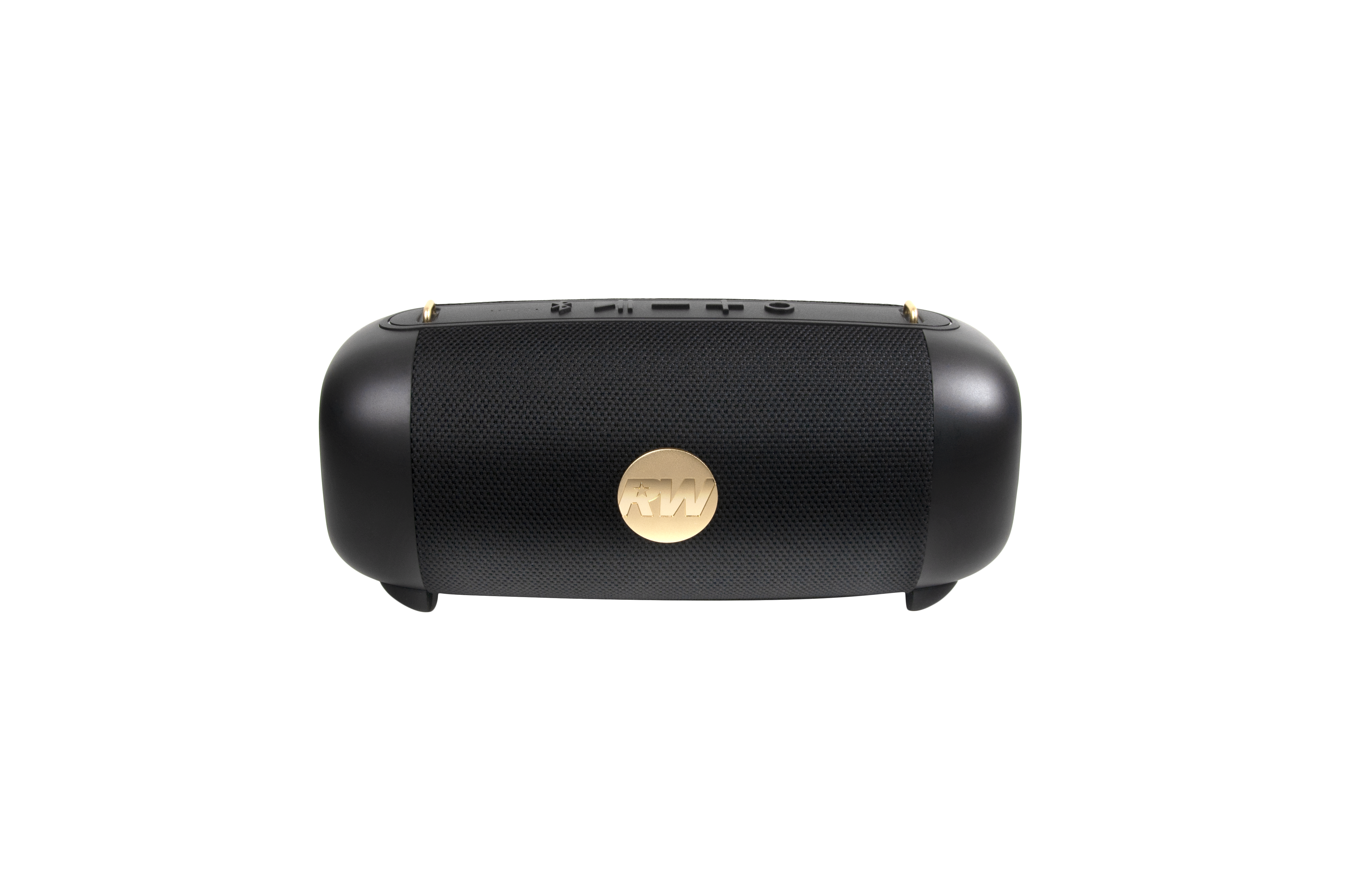 Czarny głośnik ze złotymi akcentami. Złote logo RW z przodu. Tło jest czarne.