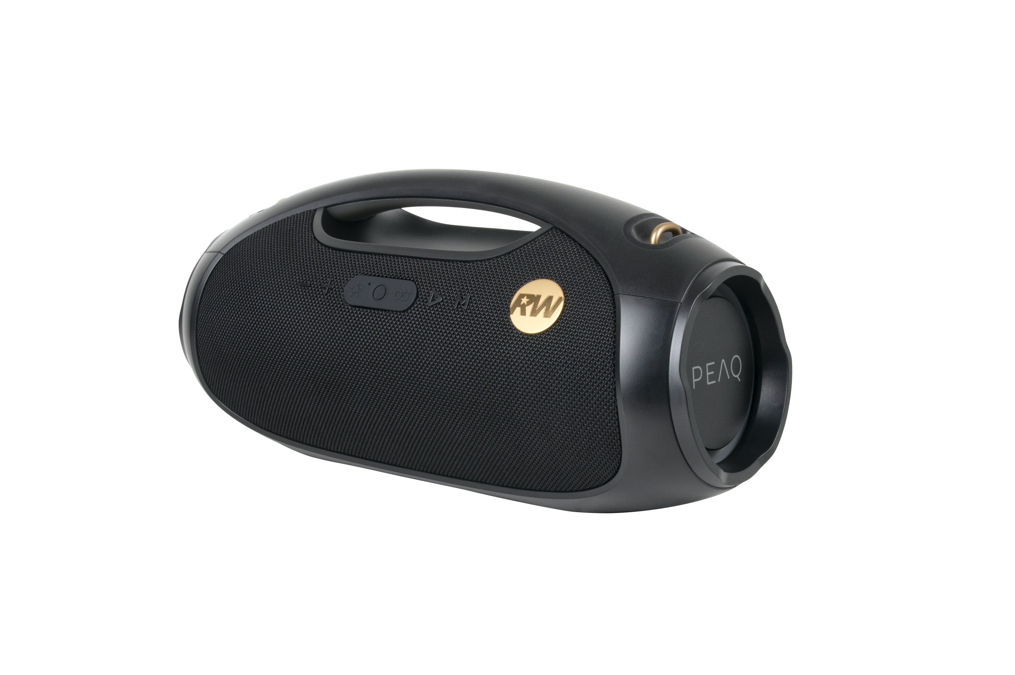 Czarny głośnik z uchwytem, złotymi akcentami i siatkowym przodem. Widoczna nazwa marki. Na czarnym tle.