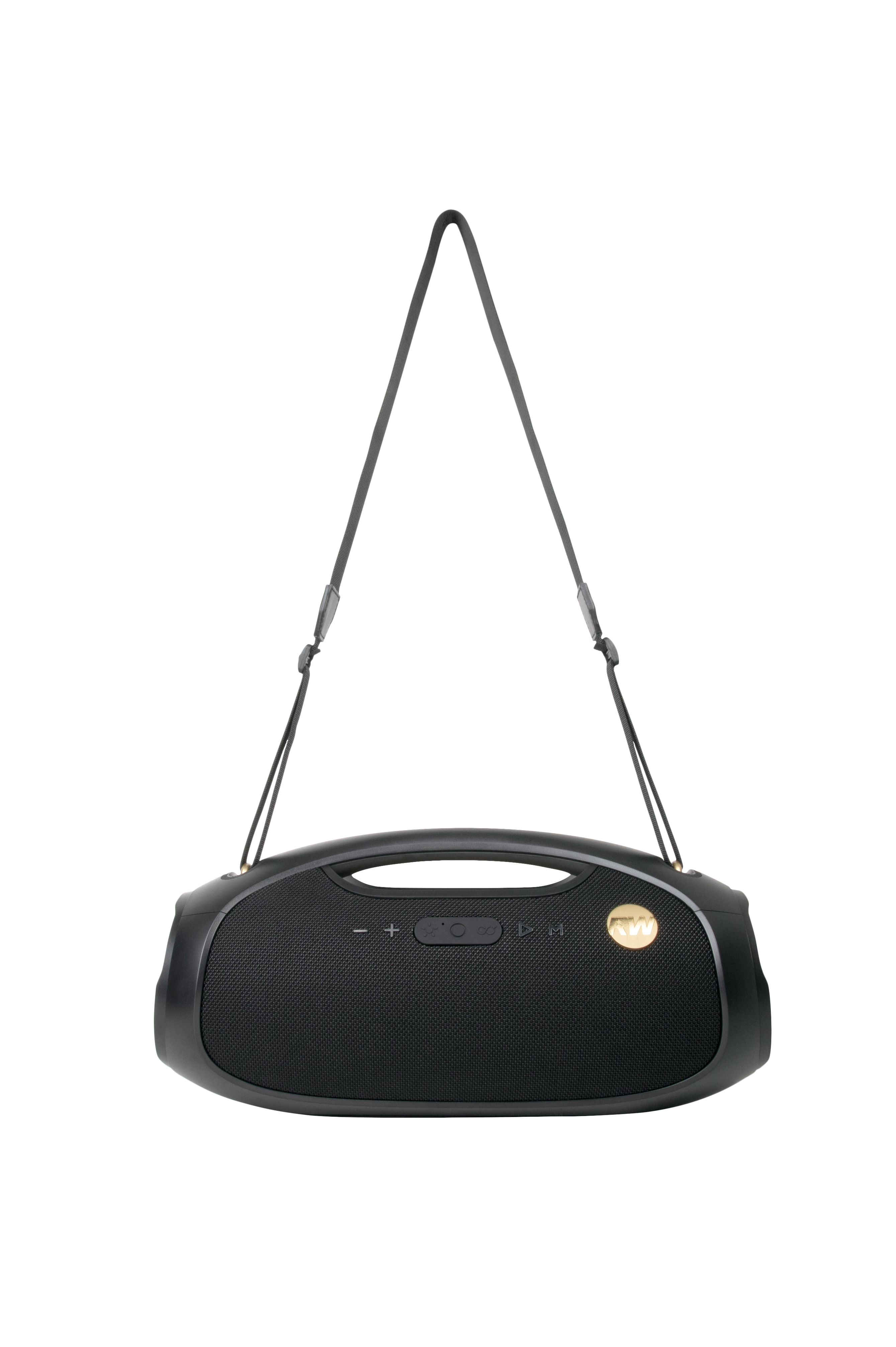 Czarny przenośny głośnik z uchwytem, przyciskami i logo. Uchwyt jest połączony z głośnikiem. Tło jest czarne.