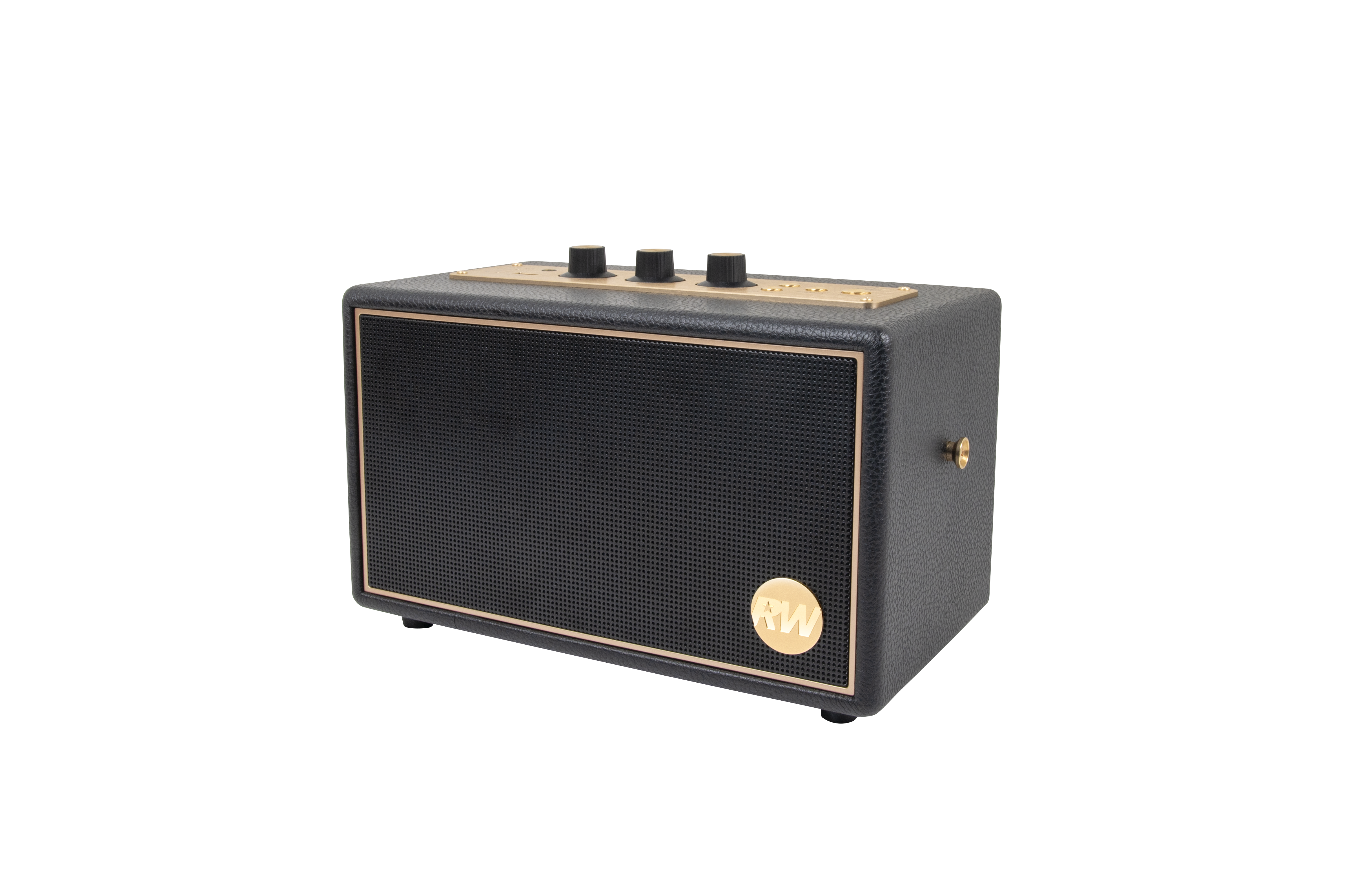 Czarny głośnik ze złotymi akcentami i trzema pokrętłami.