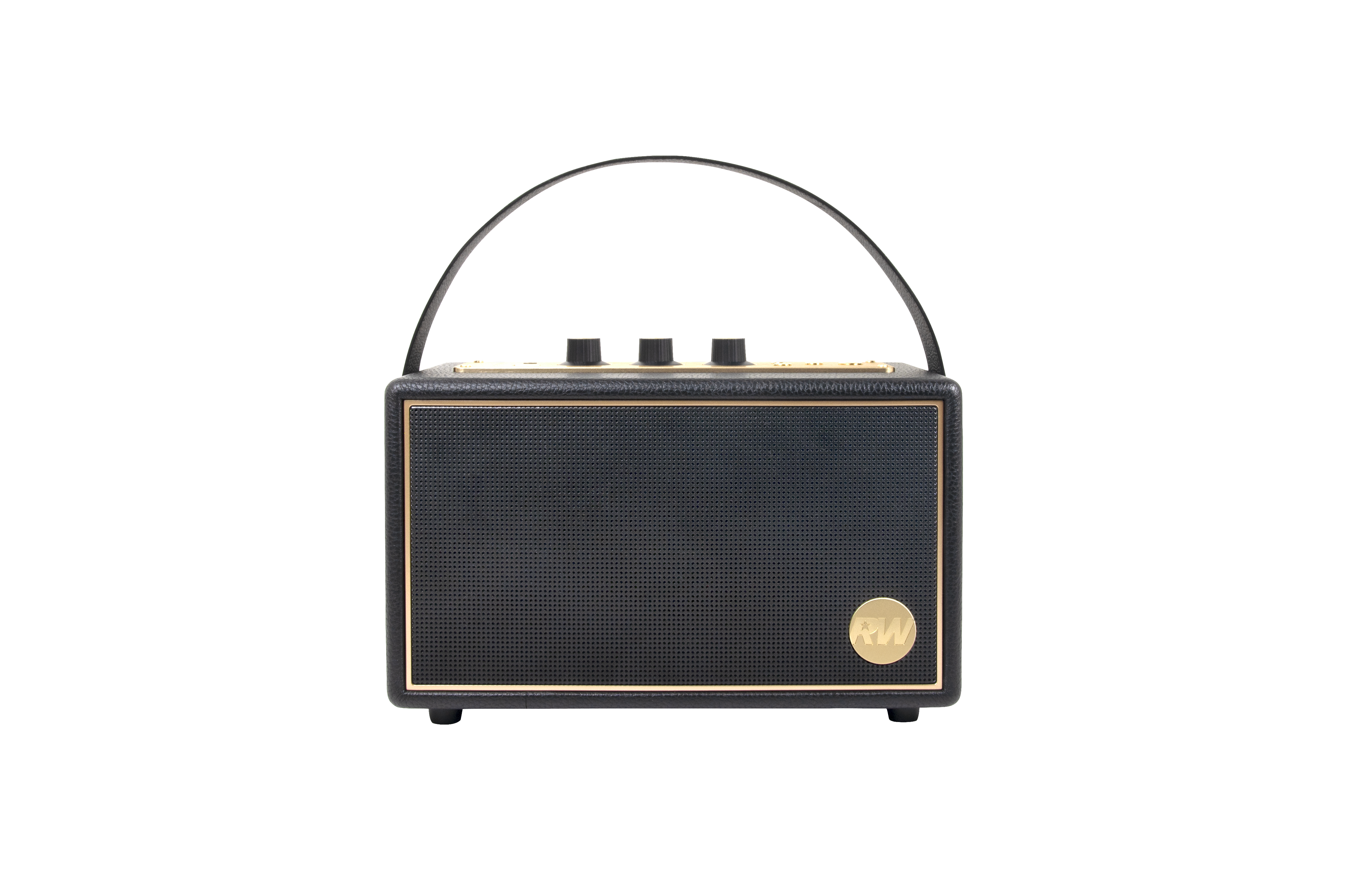 Czarny głośnik ze złotym wykończeniem i uchwytem, na czarnym tle. Złote logo z przodu.