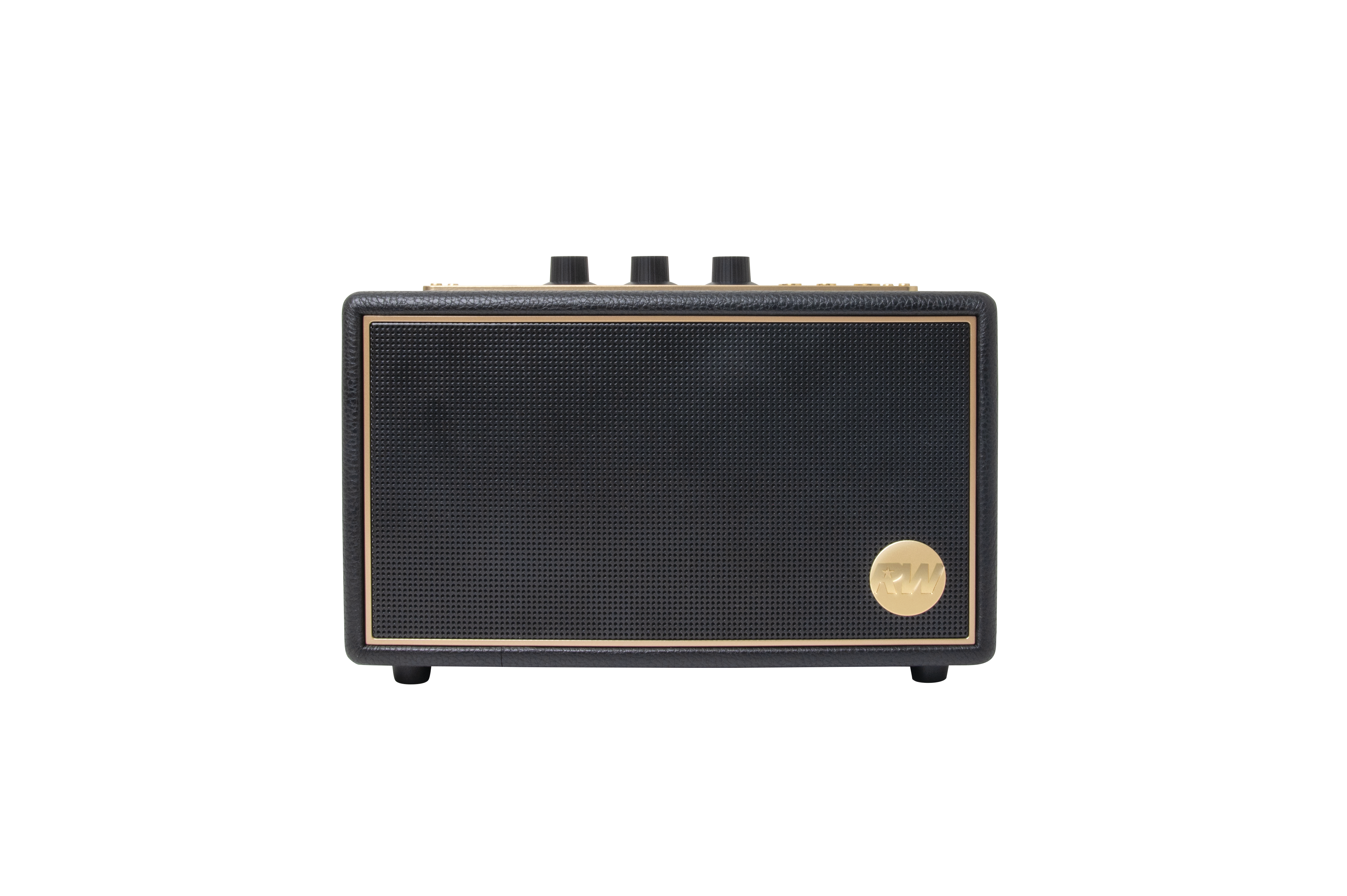 Czarny i złoty wzmacniacz do gitary na czarnym tle. Ma pokrętła na górze i logo z przodu.