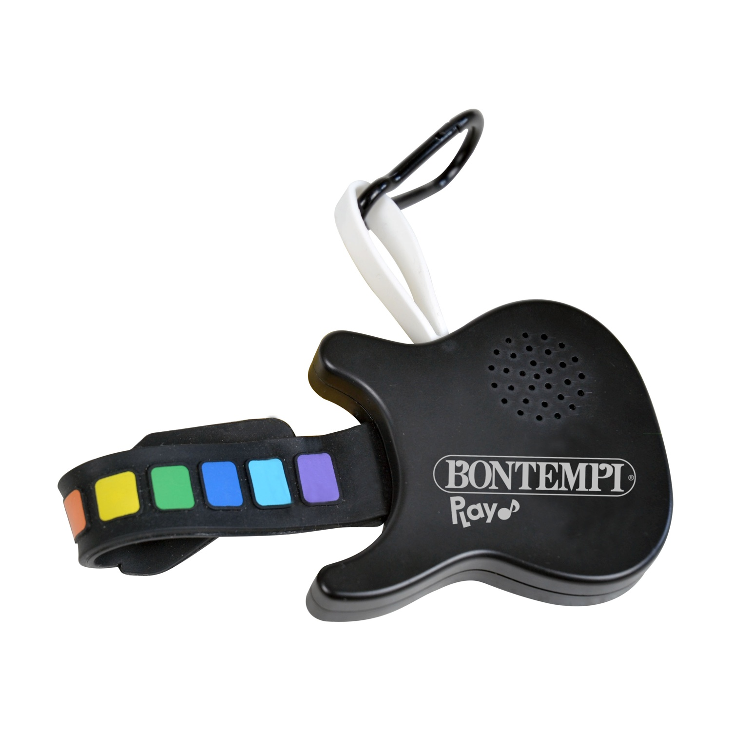 Giocattolo nero a forma di chitarra con pulsanti colorati su un cinturino. Ha un cinturino bianco e un gancio nero. Il marchio è Bontempi.