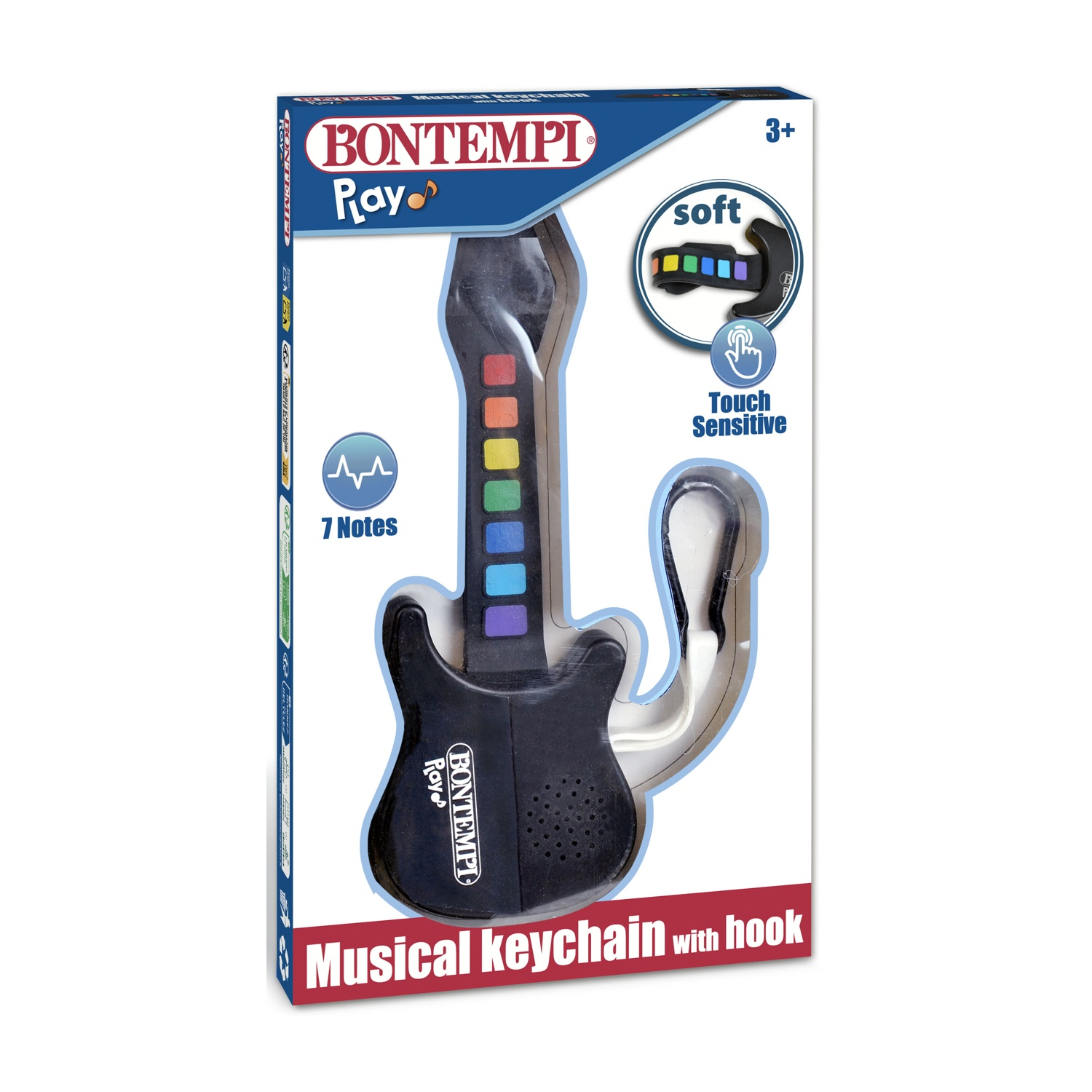Un portachiavi musicale Bontempi Ray a forma di chitarra. La confezione mostra una chitarra nera con pulsanti colorati e la scritta 'Portachiavi musicale con gancio'.