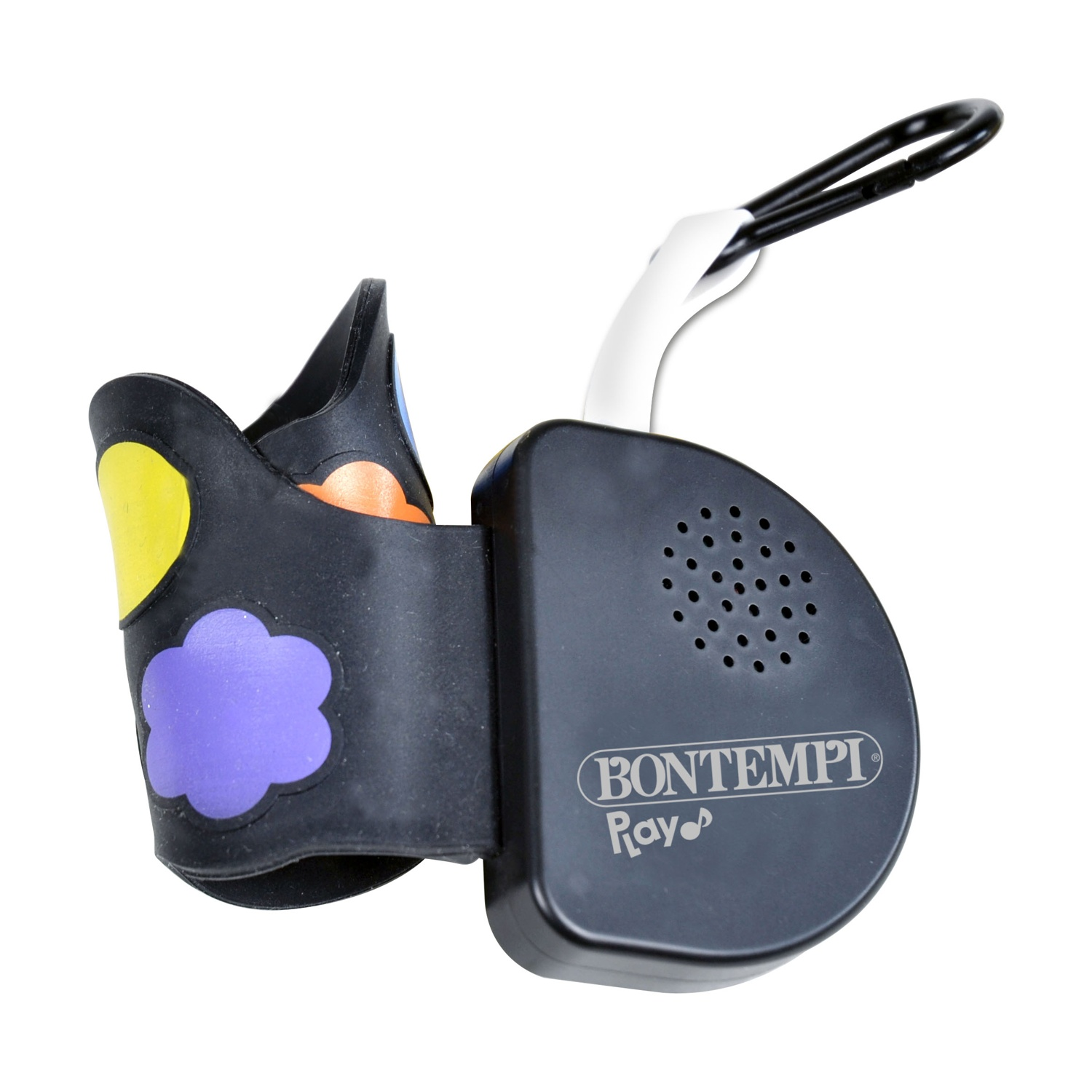 Un giocattolo Bontempi Ray nero con altoparlante e design a nuvola. Una cinghia bianca si collega a una clip nera. Dettagli gialli e arancioni.