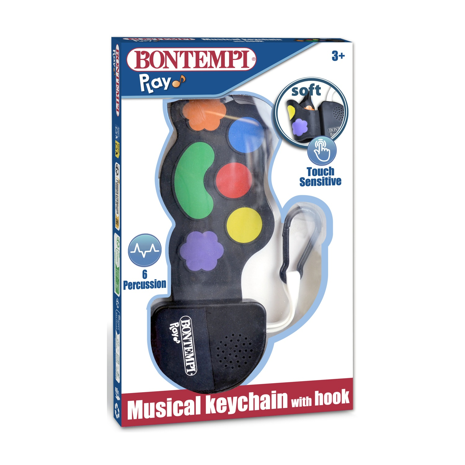 Un portachiavi musicale Bontempi con gancio, con cuscinetti sensibili al tocco di vari colori. La confezione indica 3+ e 6 percussioni.