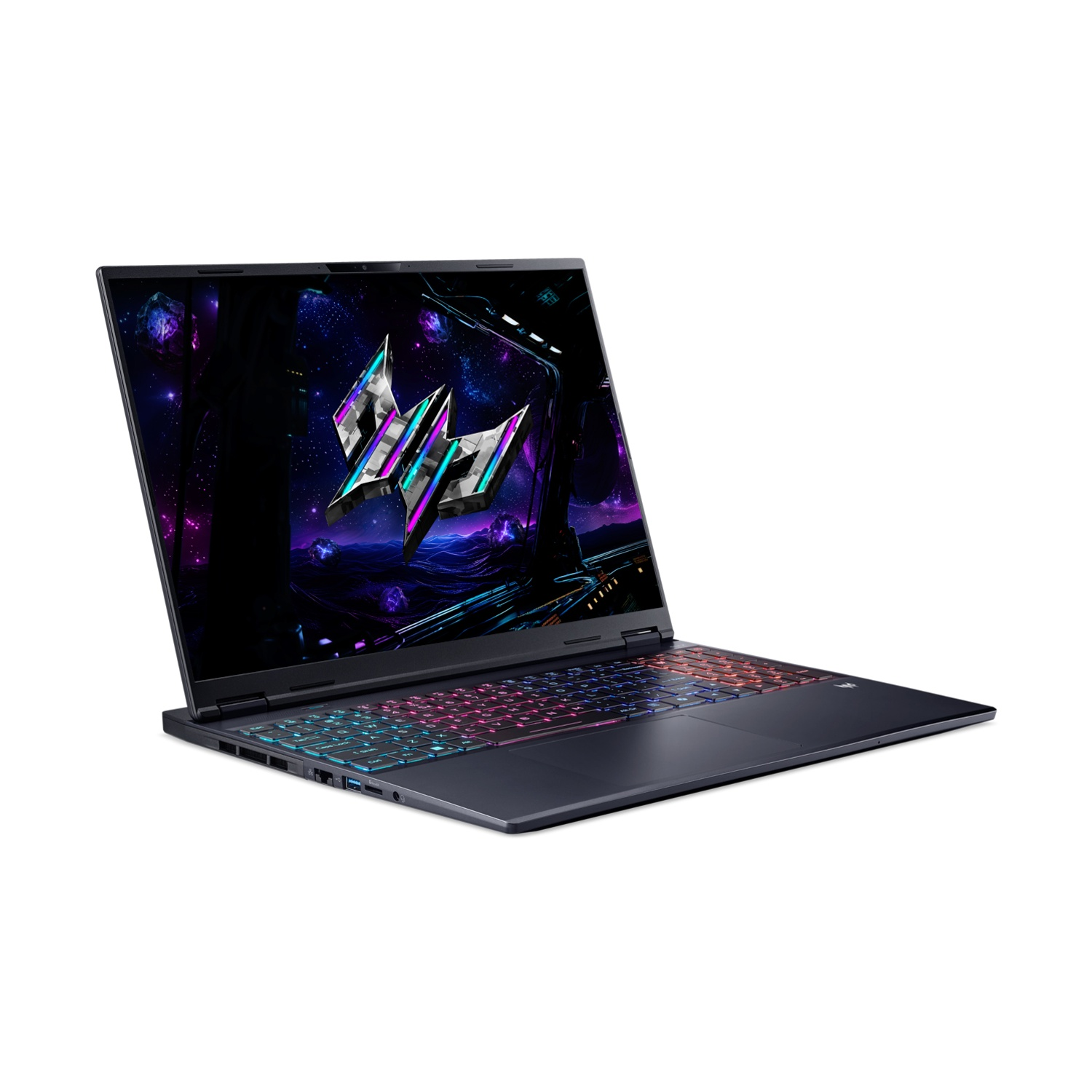 Un laptop grigio scuro è aperto. Lo schermo mostra un logo con sfondo spaziale. La tastiera è illuminata con luci colorate.