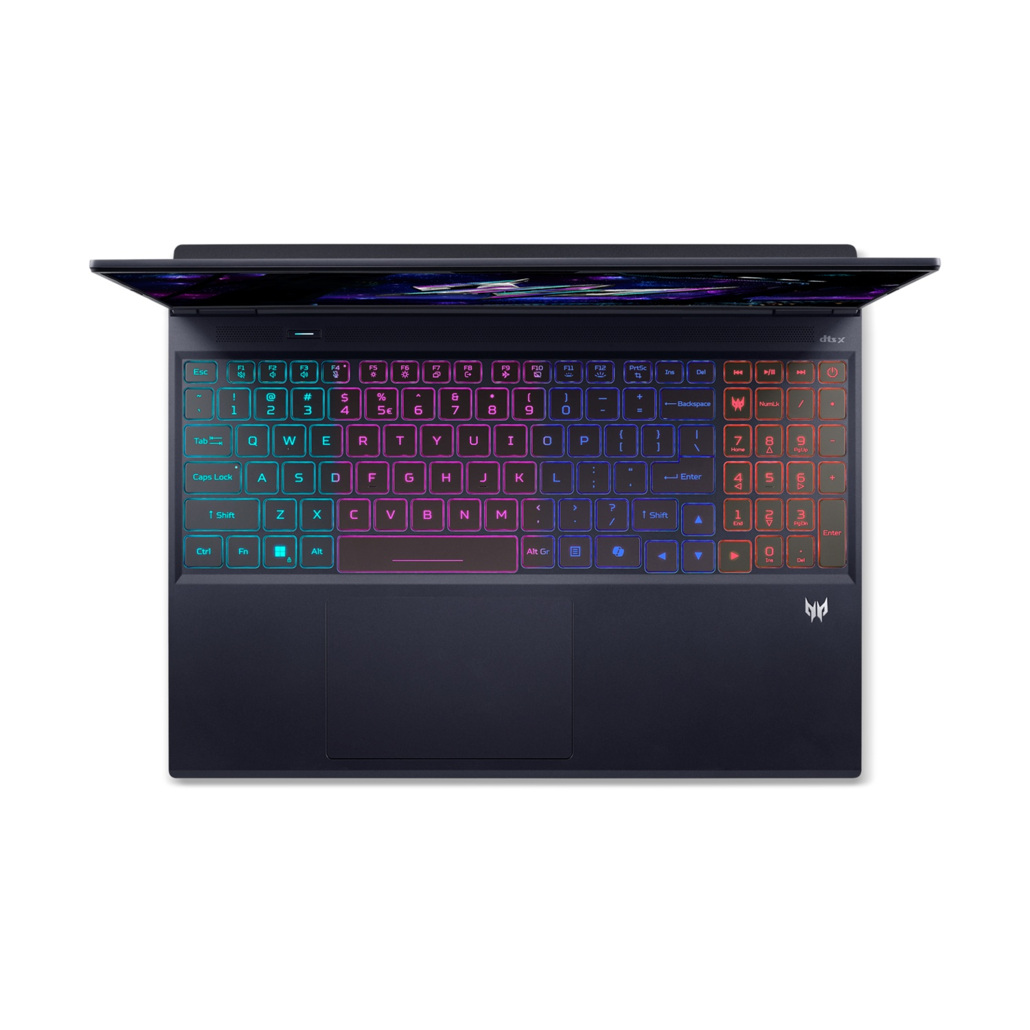 Un laptop scuro con tasti retroilluminati colorati è aperto su una superficie bianca. La tastiera è l'elemento principale, logo Predator.