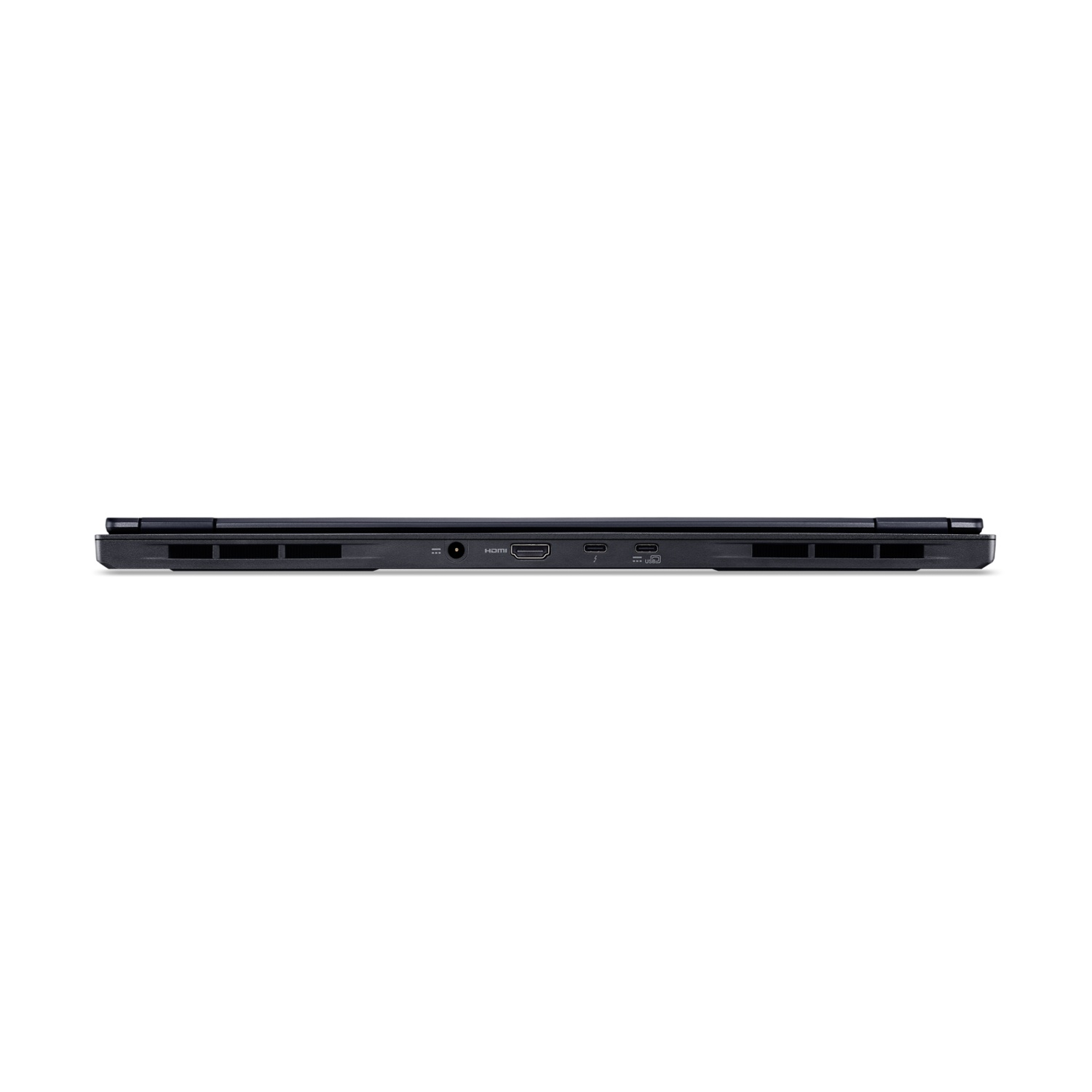 Vista laterale di un laptop nero. Visibili porte HDMI, USB e alimentazione. Il laptop è su sfondo bianco.