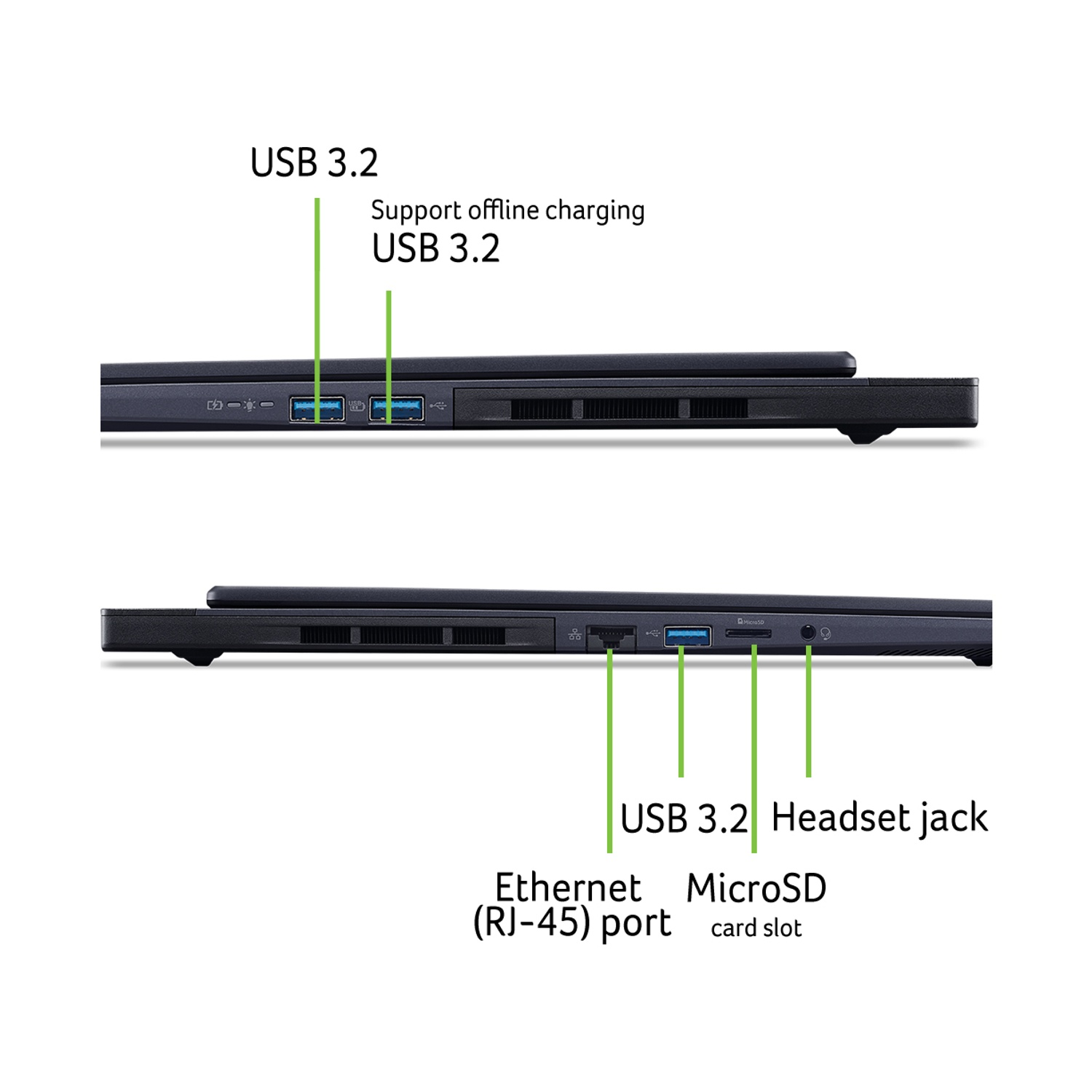Vista laterale del laptop. Mostra porte USB, porta Ethernet, slot microSD e jack per cuffie. 
