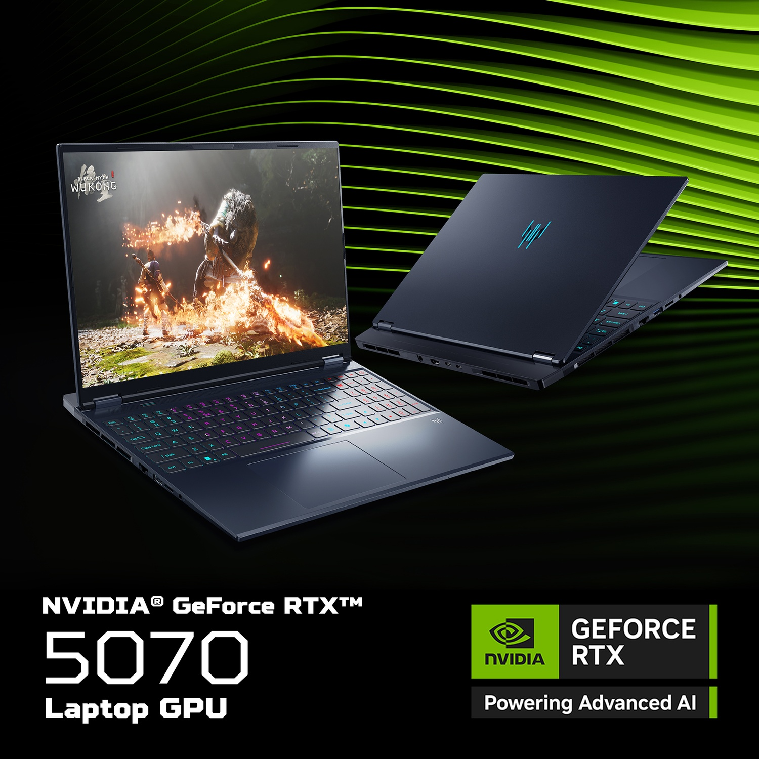 Due laptop, uno aperto che mostra una scena di gioco, l'altro chiuso. Il testo include NVIDIA GeForce RTX 5070 Laptop GPU.