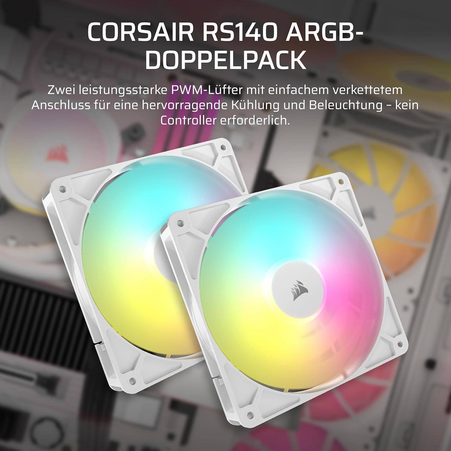 Zwei weiße PC-Lüfter mit Regenbogenbeleuchtung, Logo und Text: CORSAIR RS140 ARGB-DOPPELPACK. Die Lüfter haben einen weißen Rahmen.