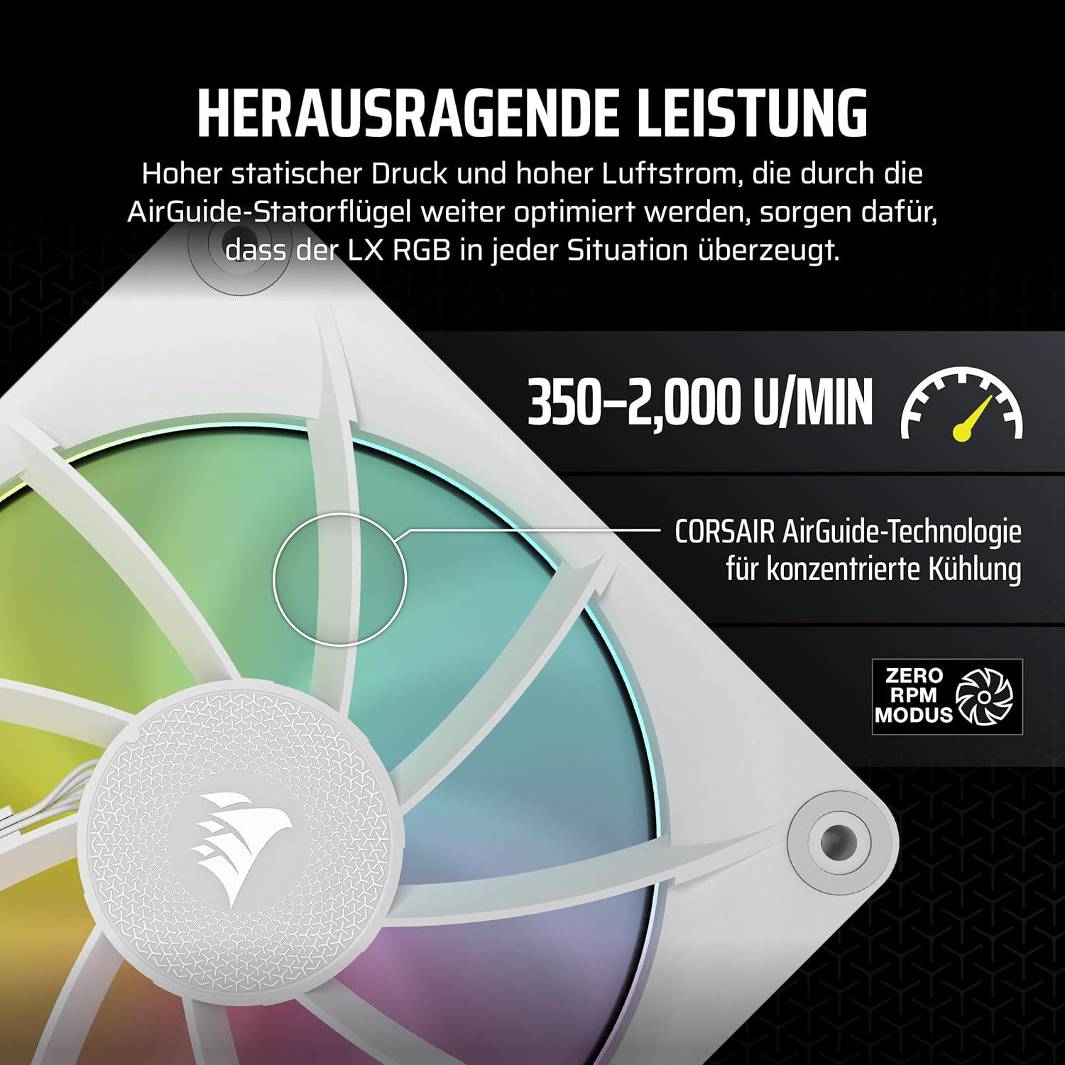Ein weißer Computerlüfter mit farbenfrohem Hintergrund. Text enthält "HERAUSRAGENDE LEISTUNG" und "350-2.000 U/MIN".