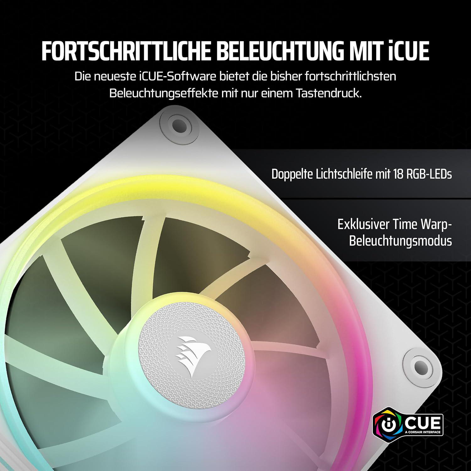 Ein Computerlüfter mit weißem und farbigem Lichtdesign. Er zeigt ein Logo und Text über die Beleuchtungstechnologie.