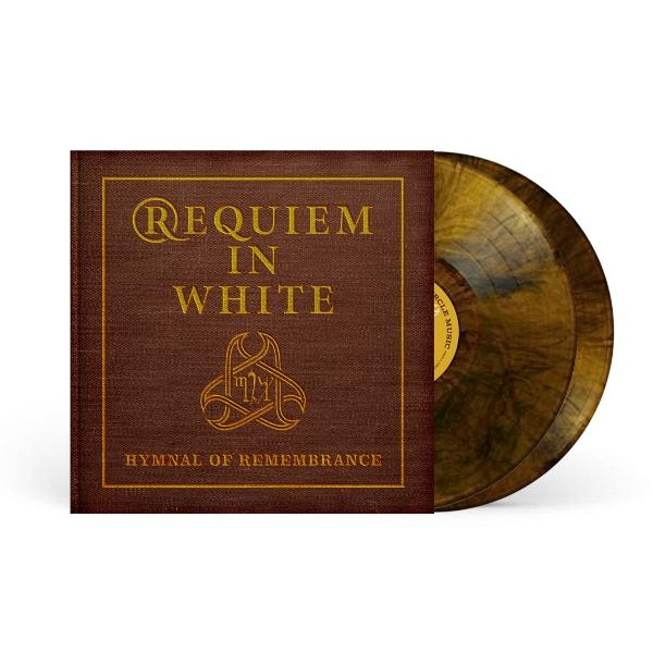 Albumcover mit dem Titel 'Requiem in White'. Brauner Umschlag, goldfarbene Schrift und eine Vinyl-Schallplatte in Braun- und Goldtönen.