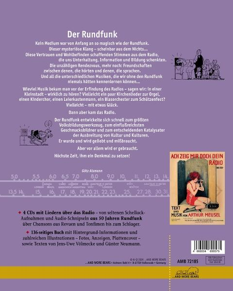 Buchcover, lila Hintergrund, Text, Radiobild, Retro-Poster, Frau, rotes Kleid, Musik und Informationen.