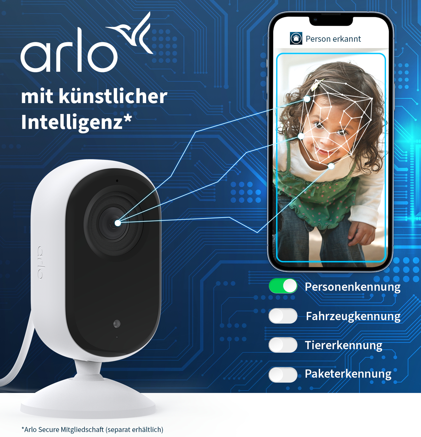 Eine Arlo-Sicherheitskamera mit einem Telefon, das das Gesicht eines Kindes mit Gesichtserkennungsmarkierungen anzeigt. Funktionen umfassen Personen-, Fahrzeug- und Tiererkennung.