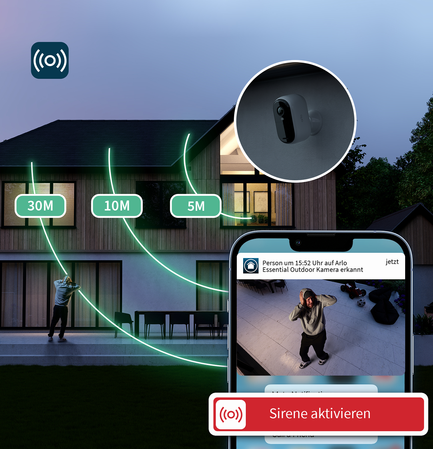 Eine Arlo-Kamera erkennt eine Person. Ein Telefon zeigt die Warnung. Ein Haus im Hintergrund mit Entfernungsanzeigen. Sirene aktivieren.