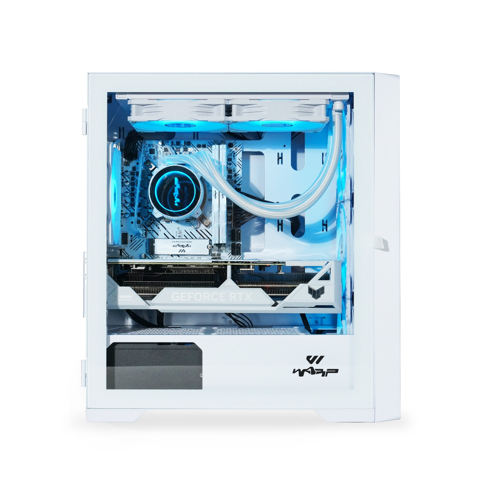 İçinde bileşenleri görünen beyaz PC kasası. Mavi ışıklar içini aydınlatıyor. GeForce RTX grafik kartı görünür.