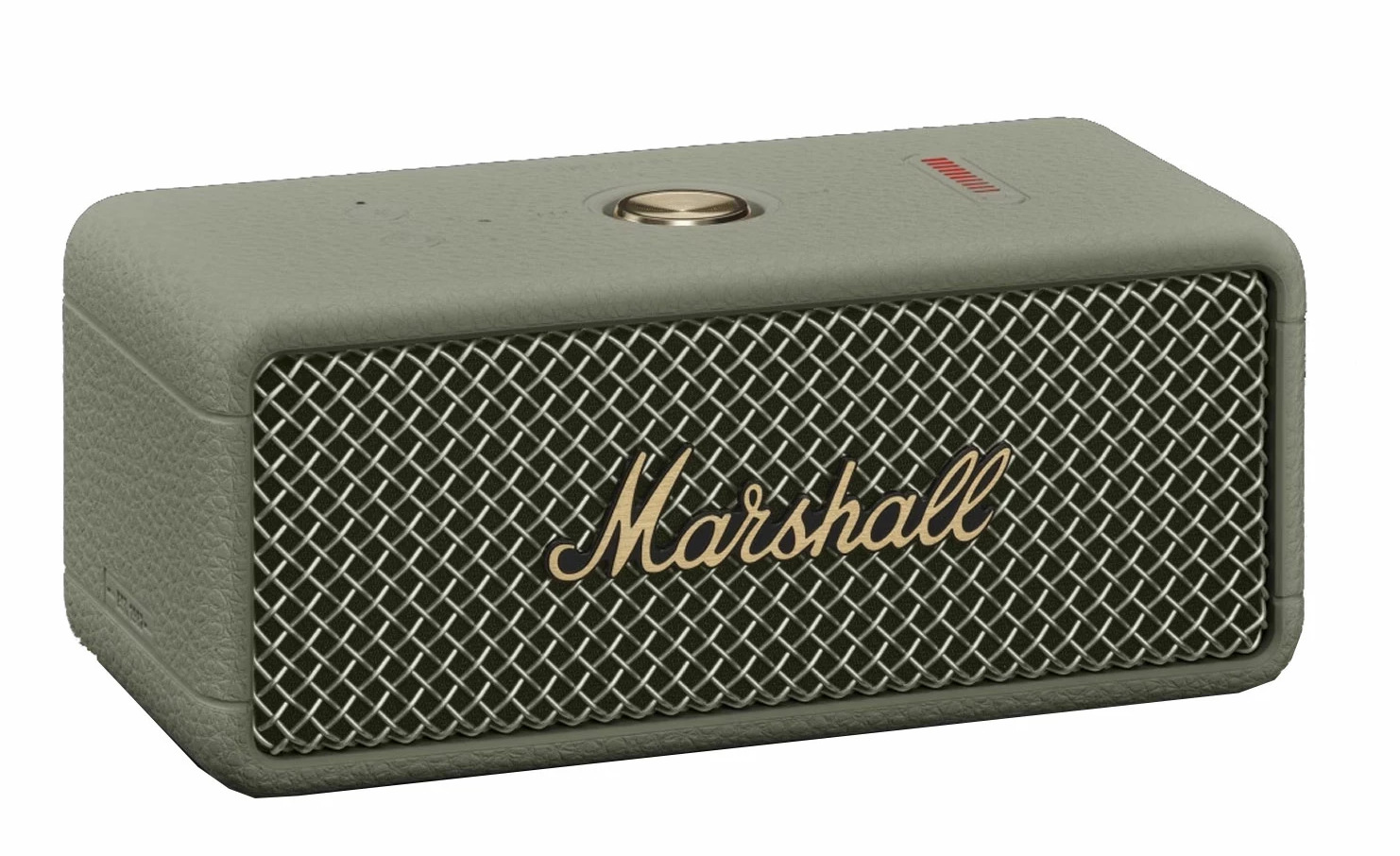 Prostokątny zielony głośnik Marshall z siatkowym przodem. Ma złote logo i górny panel sterowania.