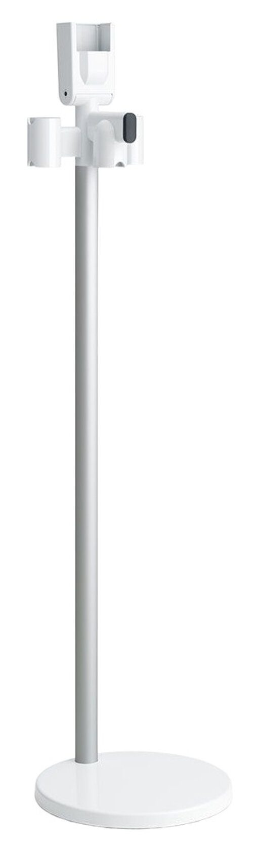 Biały stojak na odkurzacz. Ma okrągłą podstawę, srebrny drążek i białe mocowania do odkurzacza.
