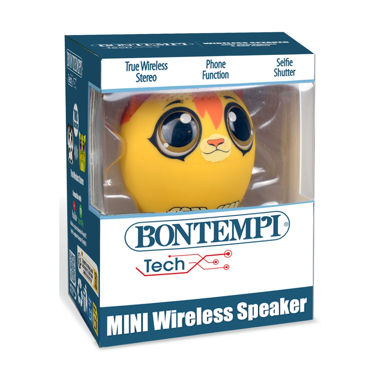Altoparlante giallo a forma di animale in una scatola. La scatola dice 'BONTEMPI' e 'MINI Wireless Speaker'. Caratteristiche 'True Wireless Stereo'.
