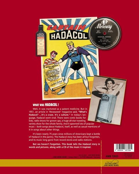 Vintage-Werbung für Hadacol mit Comic-Kunst, einer Schallplatte und einer Frau, die eine Hadacol-Box hält. Roter Hintergrund.