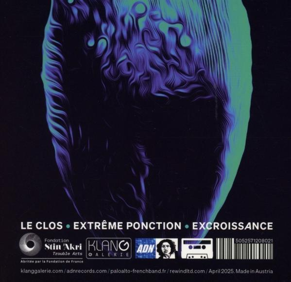 Abstrakte Kunstplakat mit lila und teal Wirbeln. Text beinhaltet 'LE CLOS', 'EXTRÊME PONCTION' und Webseitenadressen.