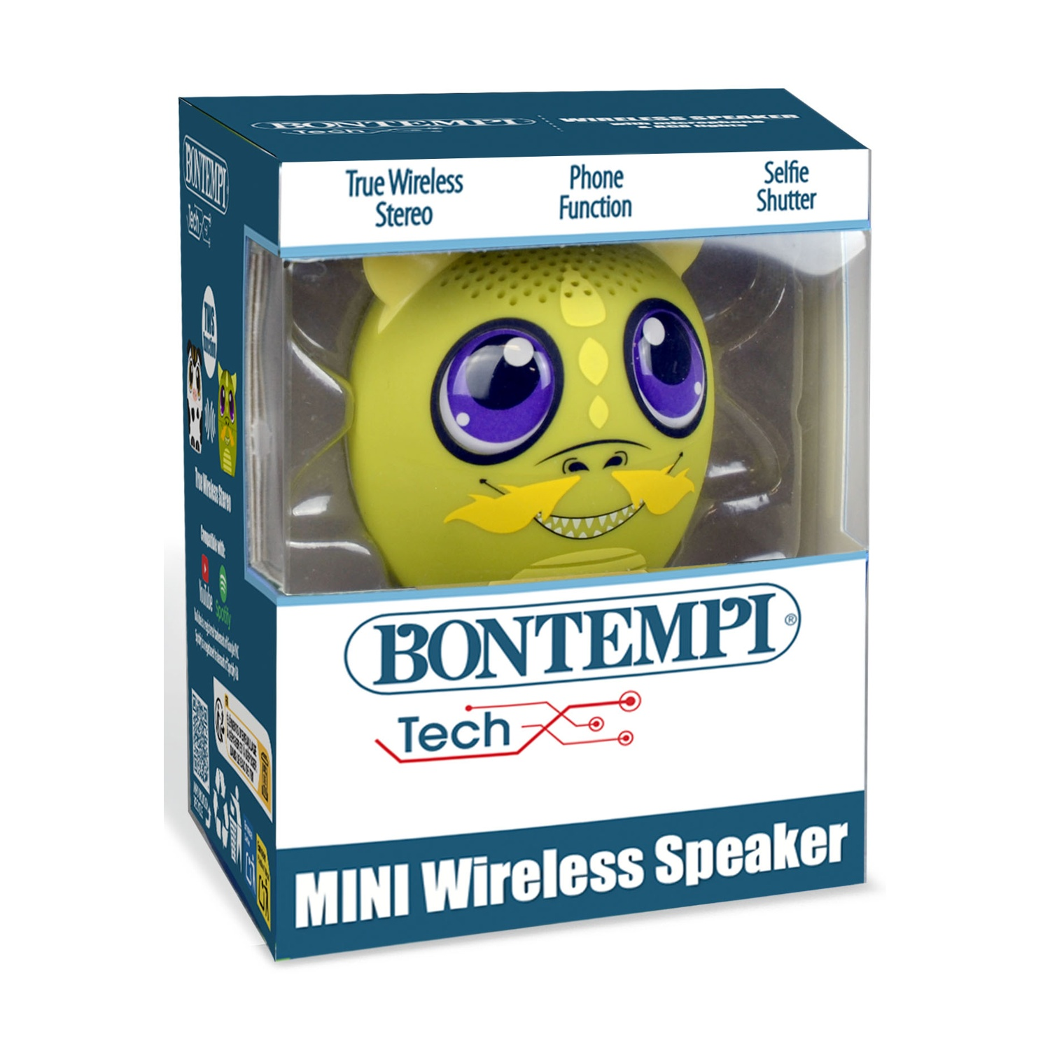 Un altoparlante wireless Mini Bontempi in una scatola. L'altoparlante è giallo, a forma di faccia di mostro. Ha occhi viola e baffi gialli.