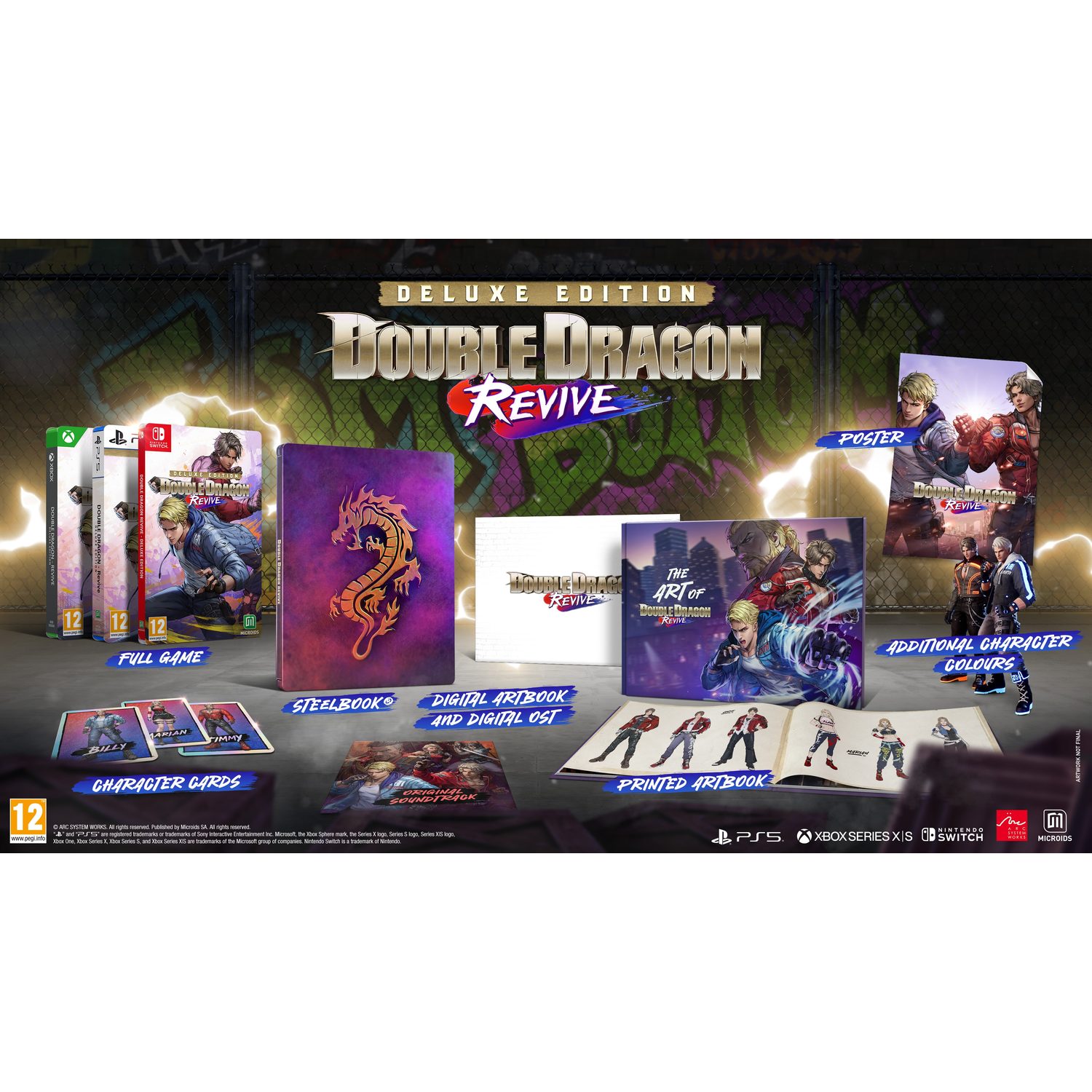 Deluxe Edition Double Dragon Revive. Bevat spel, steelbook, artbook, karakterkaarten, poster en figuren. Paars, blauw en goud.