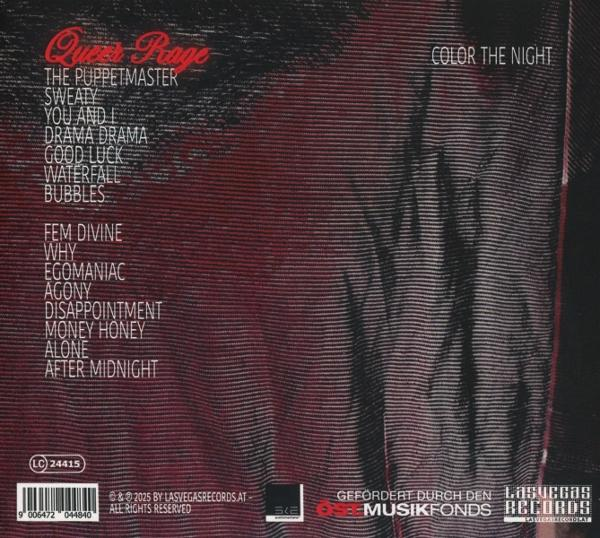 Albumcover mit rotem und schwarzem Hintergrund. Es zeigt Songtitel und den Bandnamen 'Queen Page' sowie einen Barcode und Copyright-Informationen.