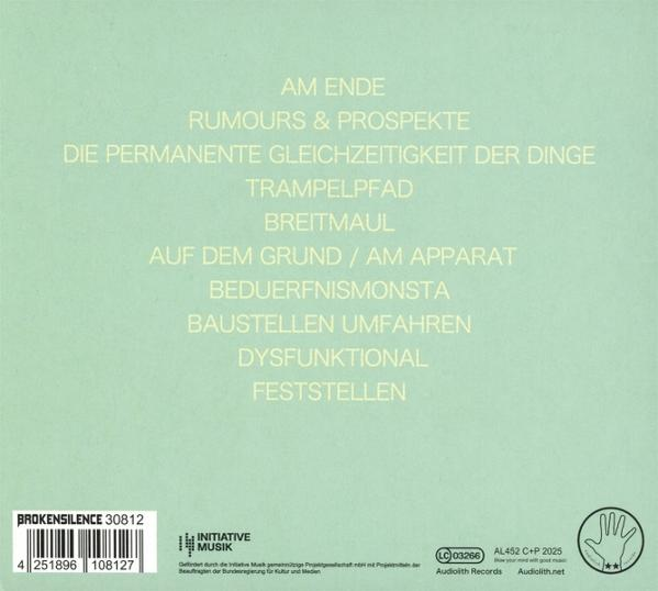 Hellgrünes Albumcover mit weißem Text, der Songtitel auflistet. Enthält einen Barcode, Logos und Informationen zum Label.
