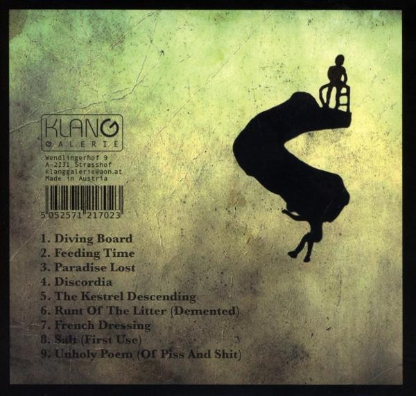 Albumcover mit schwarzer Silhouette eines Sprungbretts mit Figuren. Text enthält Galeriename, Adresse und Titelliste.