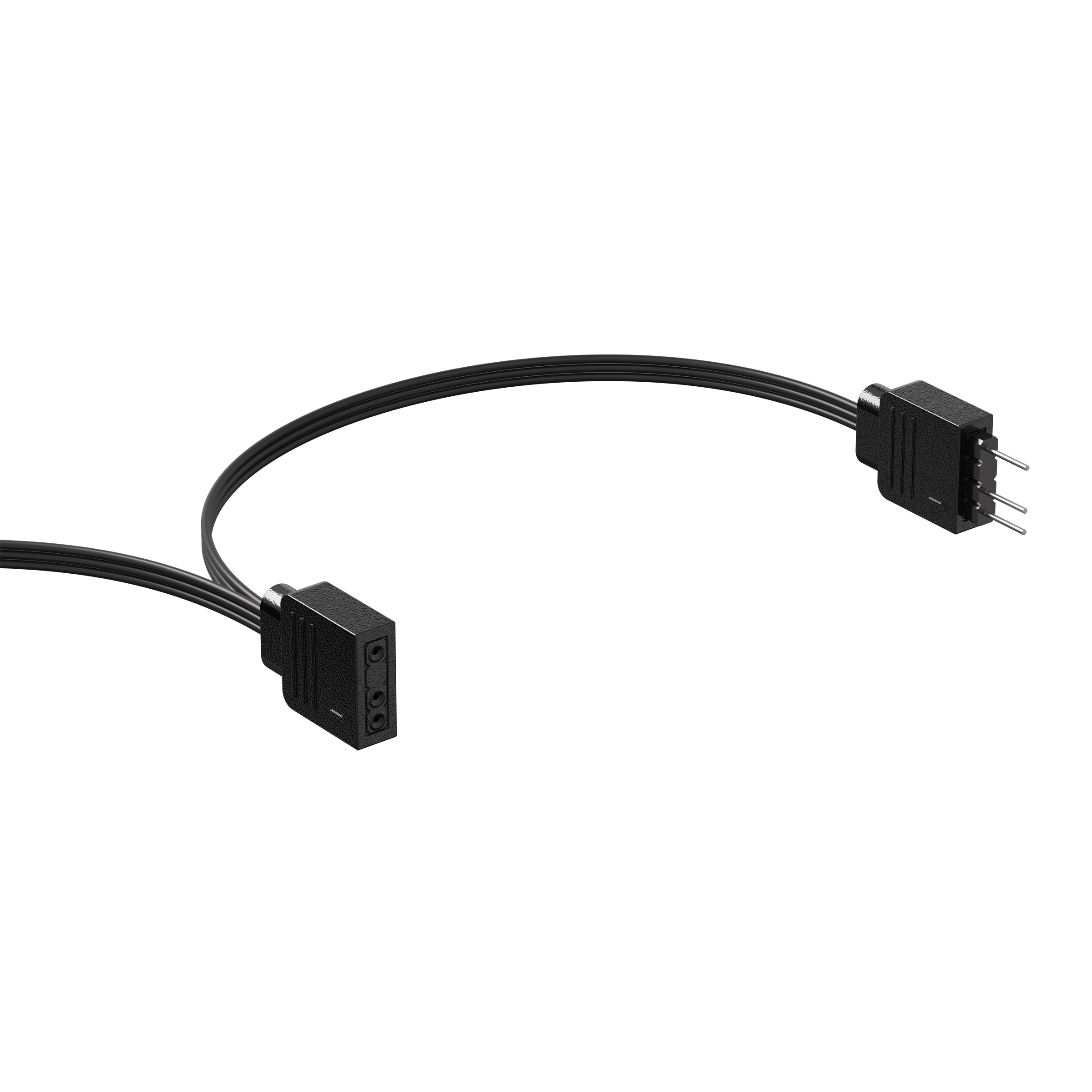 Schwarzes Kabel mit Steckern auf weißem Hintergrund. Ein Stecker hat Stifte. Ein anderer hat Löcher.