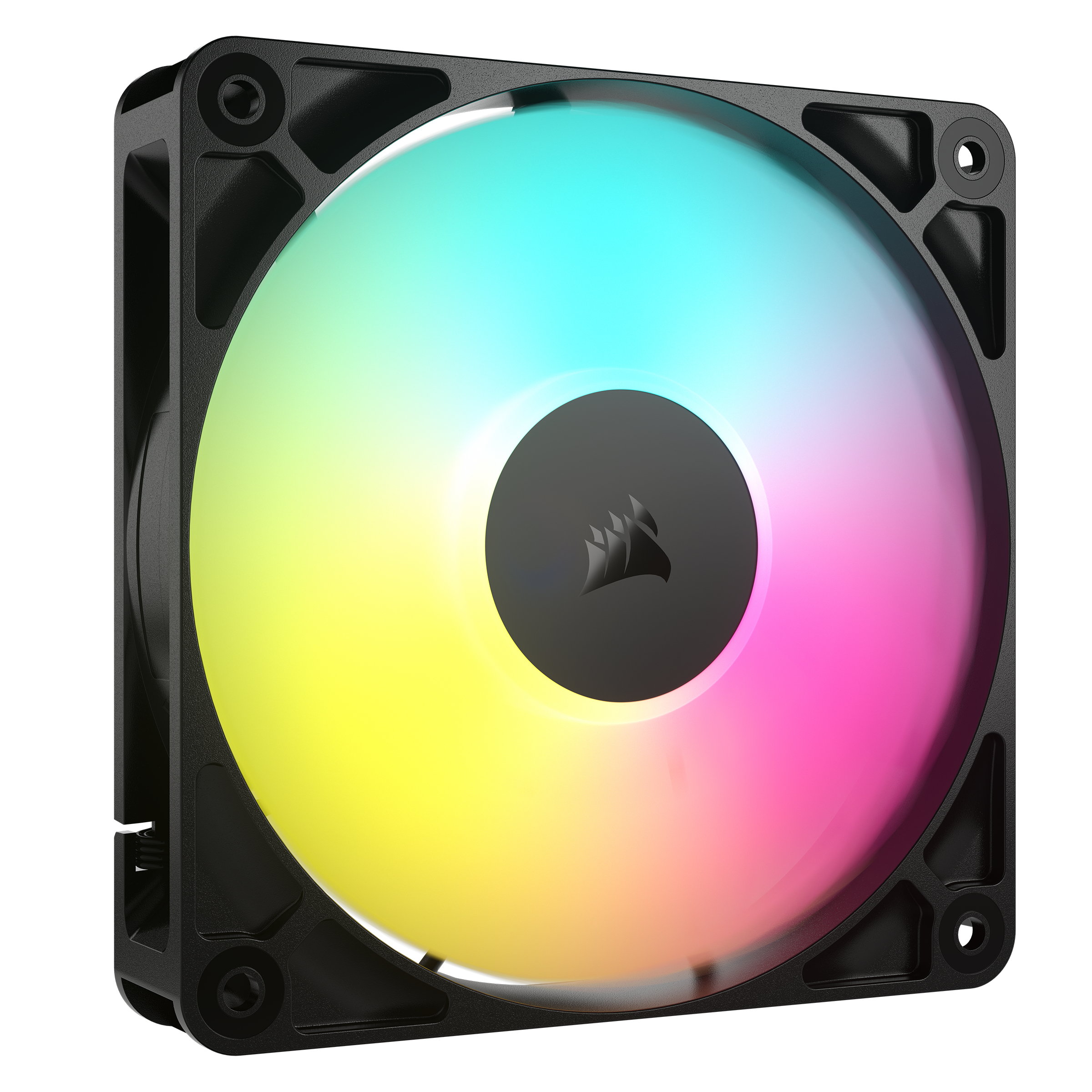 Schwarzer Computerlüfter mit farbenfrohem, regenbogenartigem Licht. Das Zentrum hat ein schwarzes Logo.