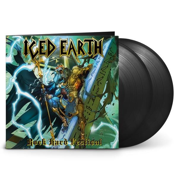 Albumcover mit 'Iced Earth'-Logo, Kunstwerk von Figuren und Blitzen. Rechts sind zwei schwarze Schallplatten zu sehen.