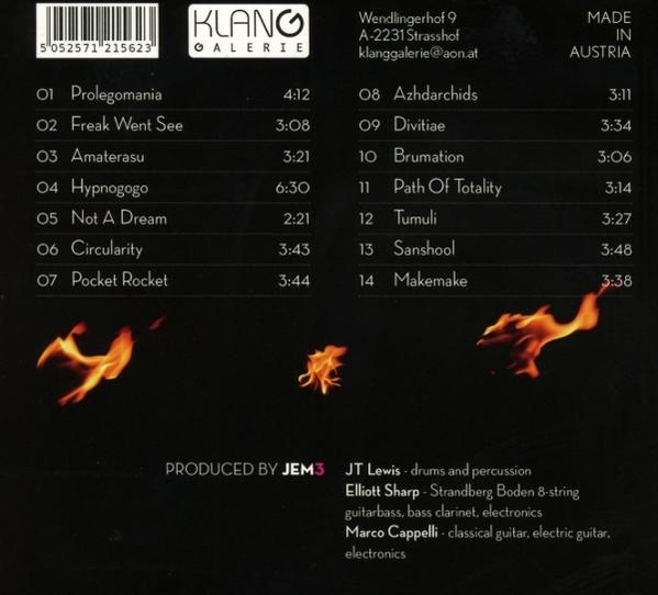 CD-Cover mit Titelliste, Flammen und Künstlerinformationen. Dunkler Hintergrund mit verschiedenen Songtiteln und Zeiten. Produziert von JEM3.