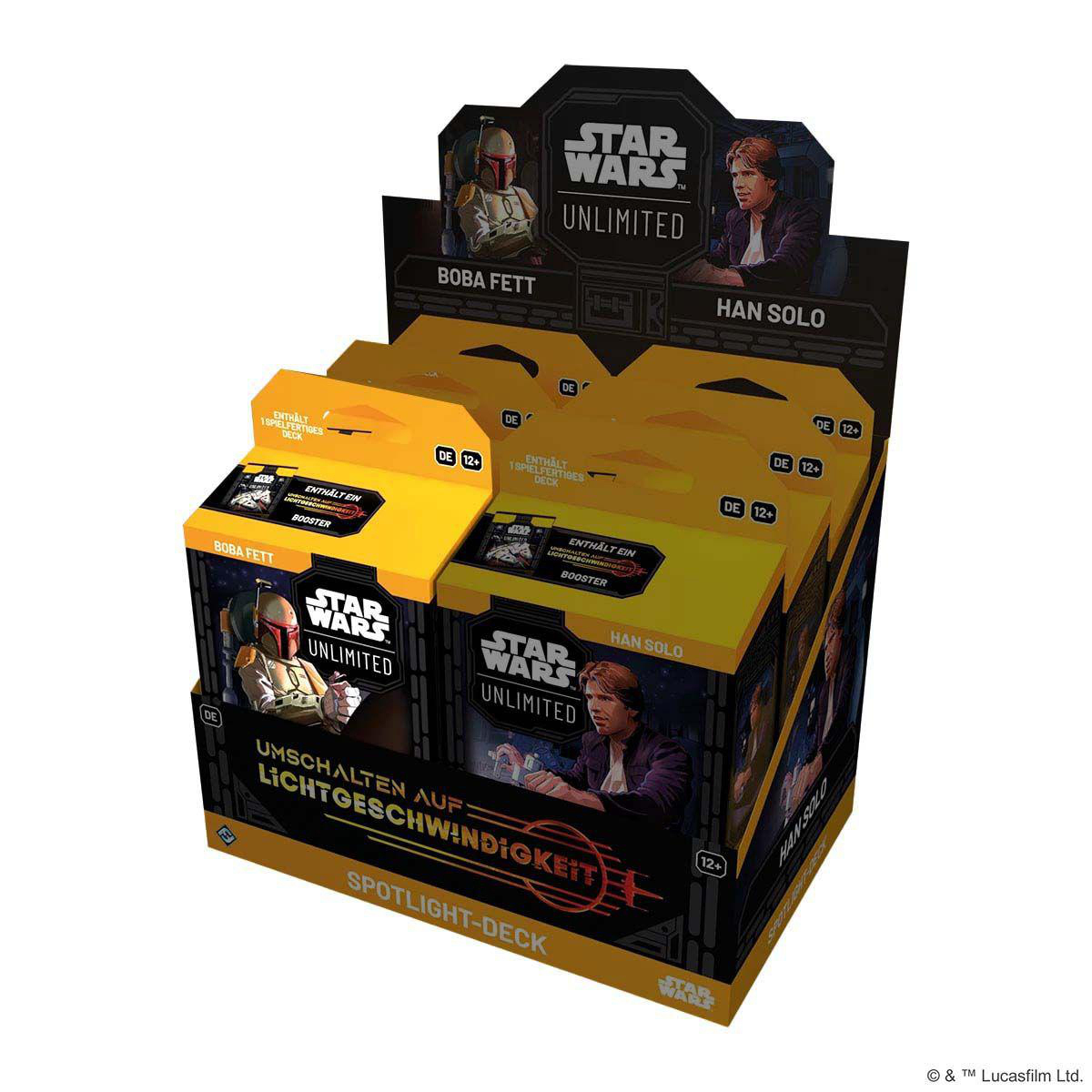 Eine Displaybox für Star Wars Unlimited Sammelkarten. Sie zeigt Bilder von Boba Fett und Han Solo, mit deutschem Text.
