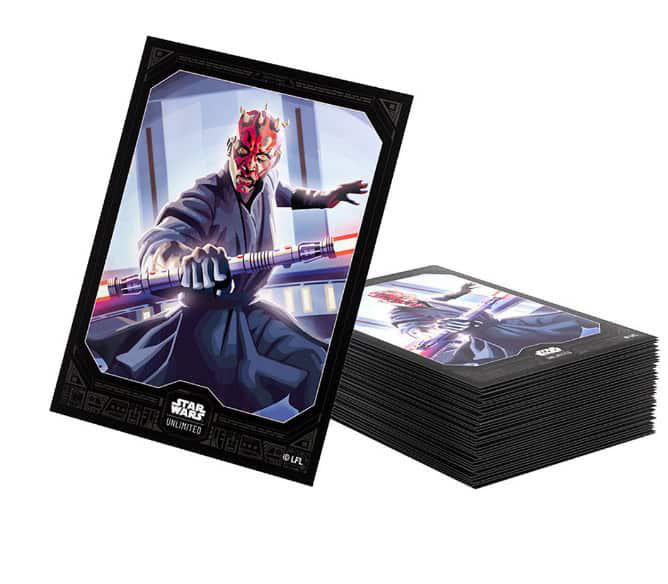 Star Wars Sammelkarte mit Darth Maul und Lichtschwert. Daneben liegt ein Stapel Karten.