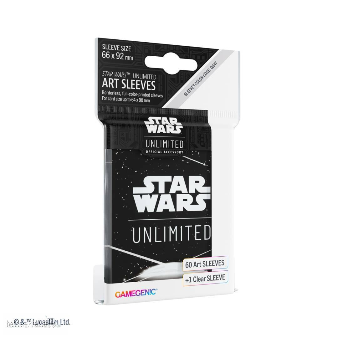 Eine Star Wars Unlimited Kartenhüllen-Verpackung. Sie zeigt das Star Wars-Logo und -Text in Grau und Weiß.
